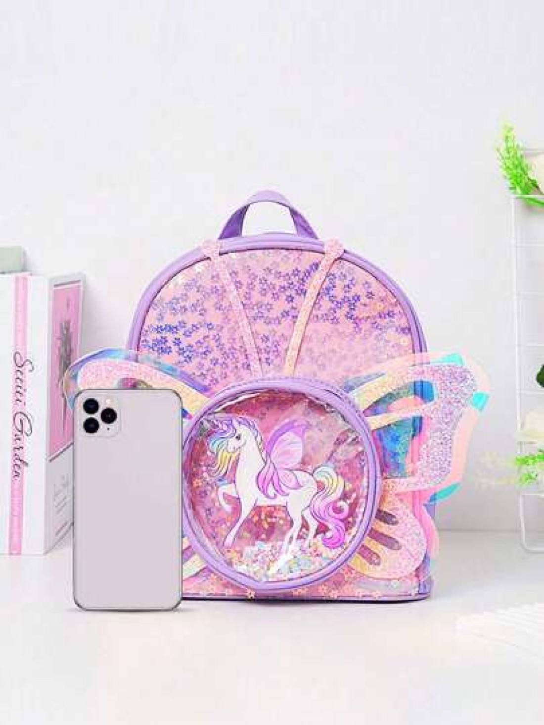 Kids Creative Fashionable Backpack Cartoon Unicorn Sequined Laser Transparent Butterfly Wing Design Double Shoulder Bag