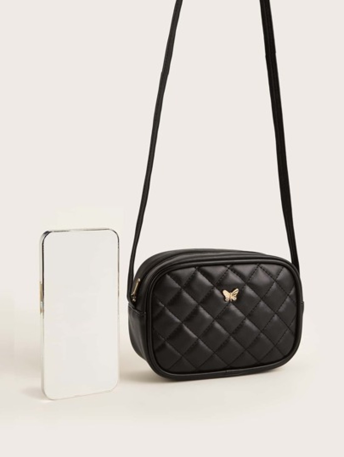 1pc Girls Black Pu Plaid Stitching Fashionable Square Shape Crossbody Bag For Everyday Use