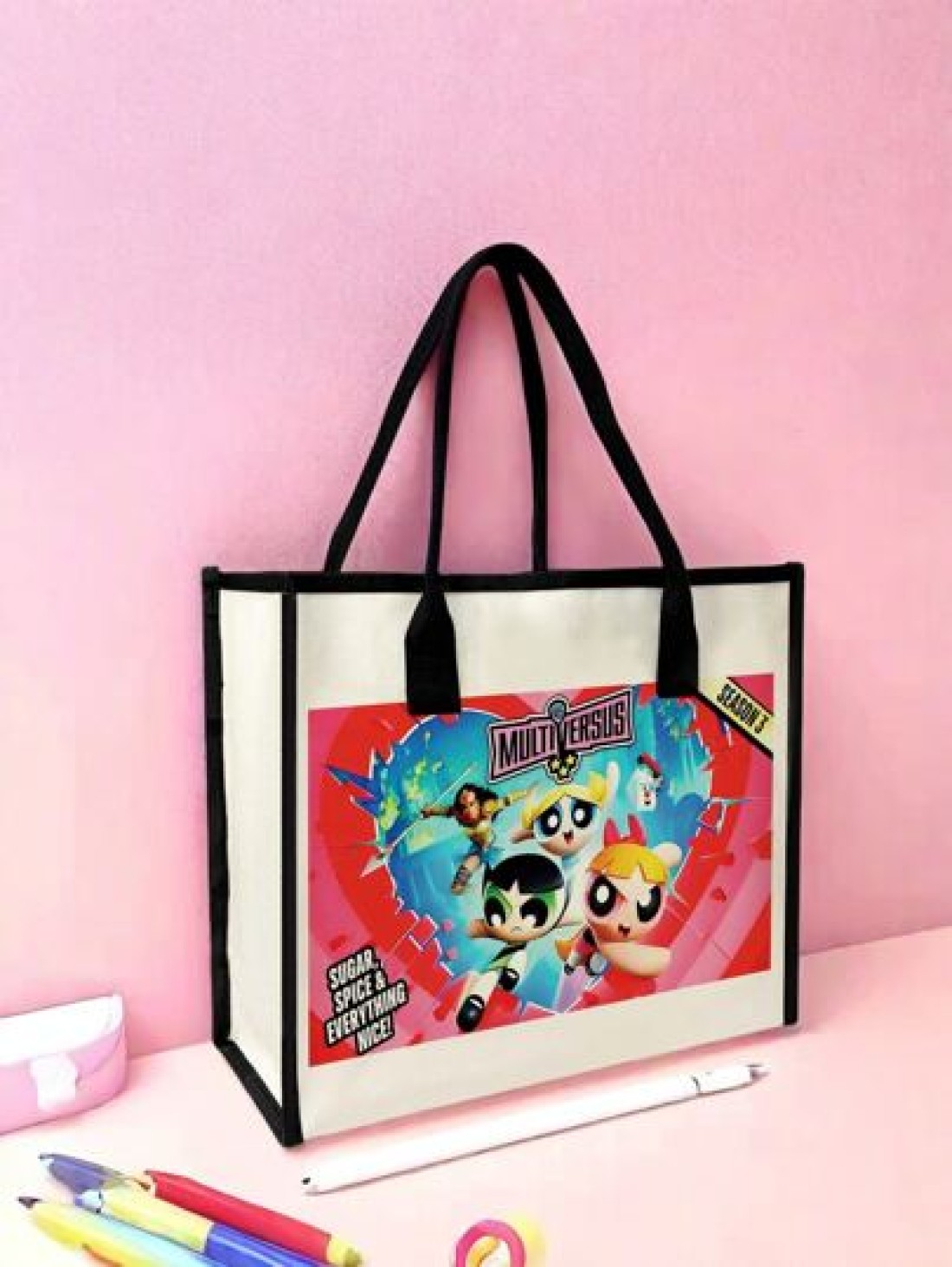 THE POWERPUFF GIRLS حقيبة القماش (توت باغ) متعددة الاستخدامات لحمل المستحضرات، الفرشاة، منتجات العناية بالبشرة، الهات