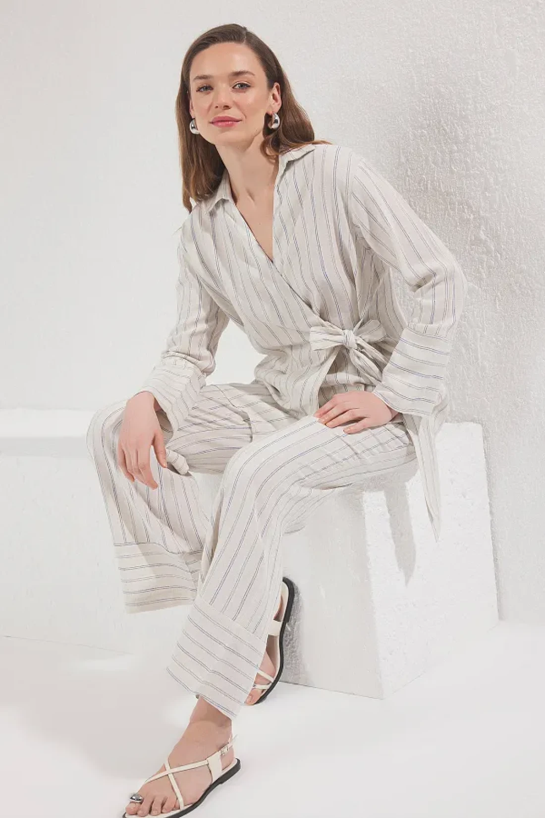 Trendyol Modest Beige Striped Linen Wrap Shirt and Pants Convergence Tctss25Us00026