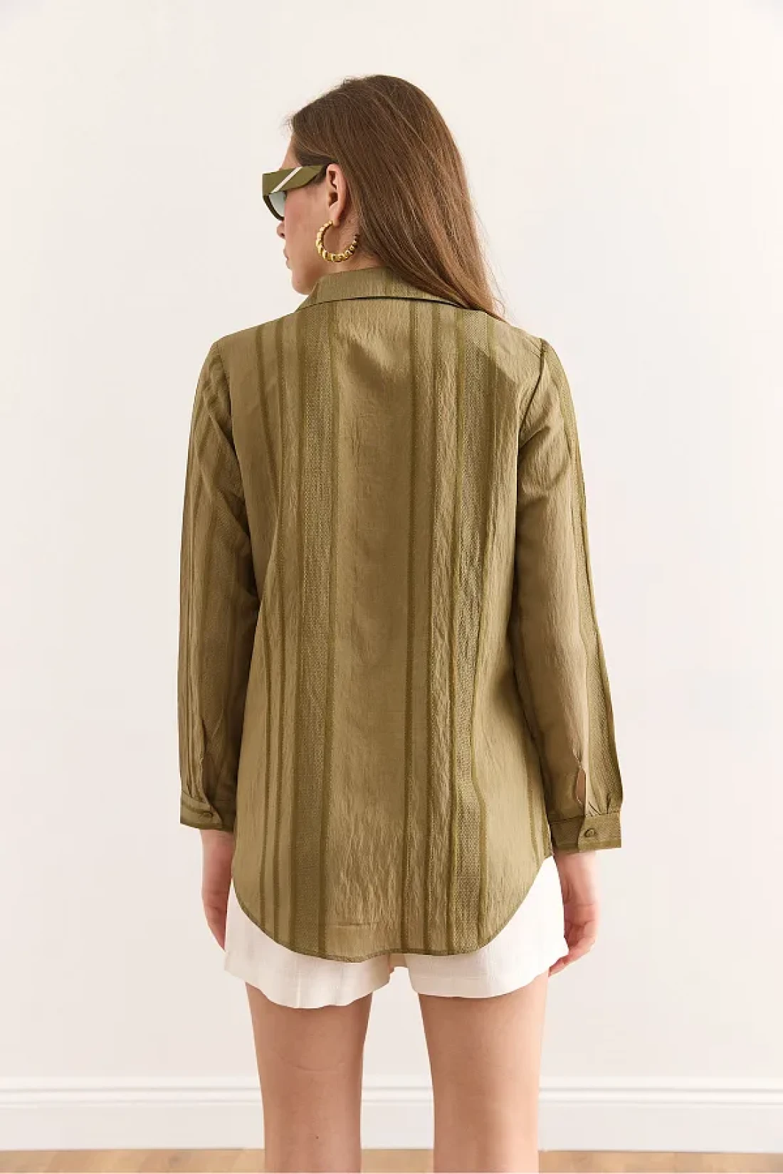Olalook Women's Khaki Geometric Stripe Detailed Flowing Shirt Gml-19001335