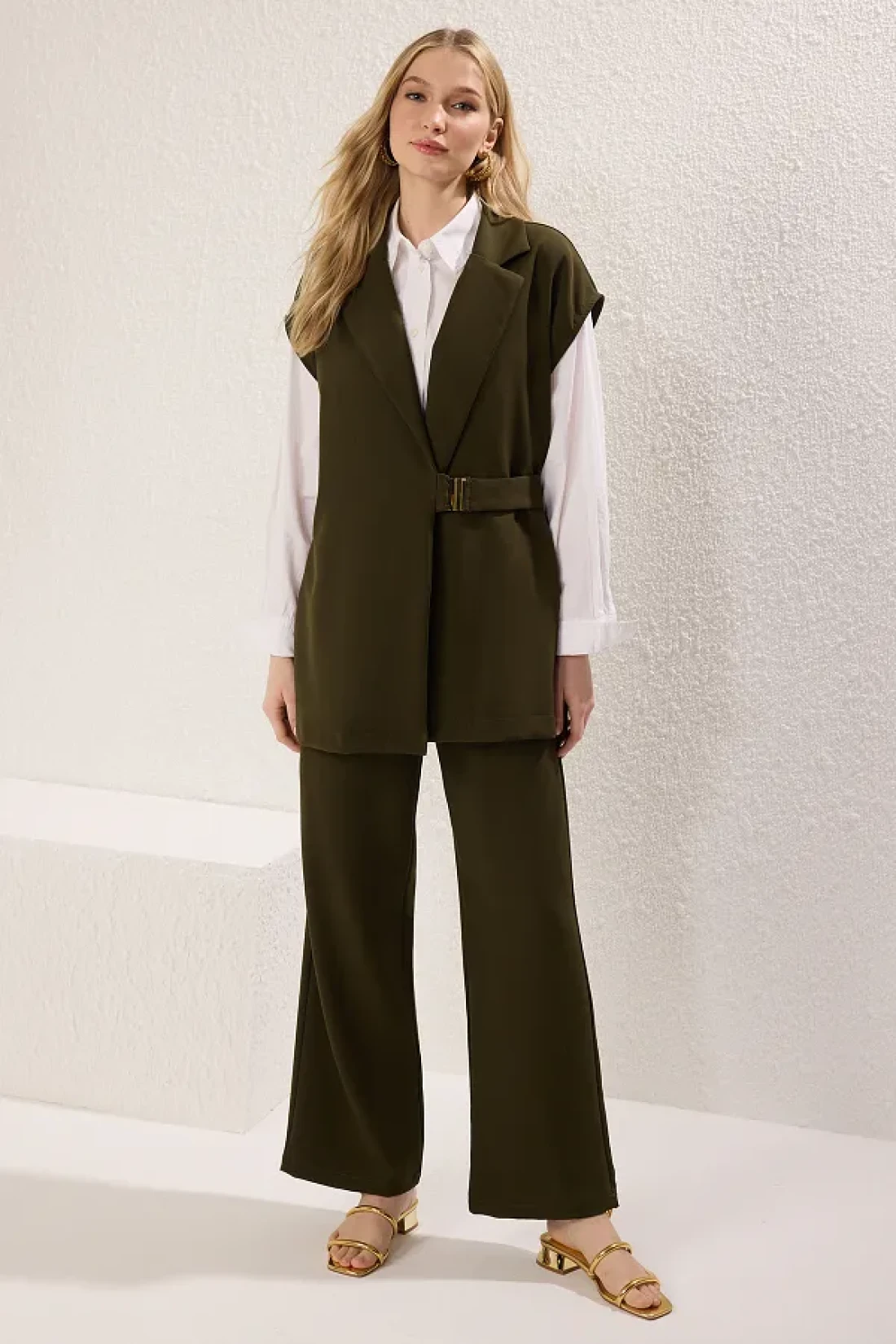 Trendyol Modest Khaki Vest and Pantalon, Woven Bottom and Top Set