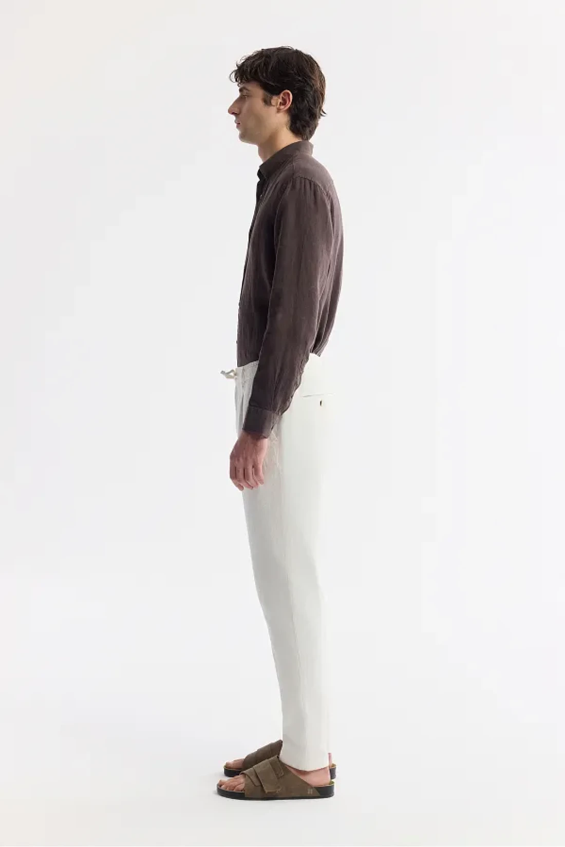 Avva Men's Off White Relaxed Fit Waist Lace-Up Linen Blend Chino Pants B003036