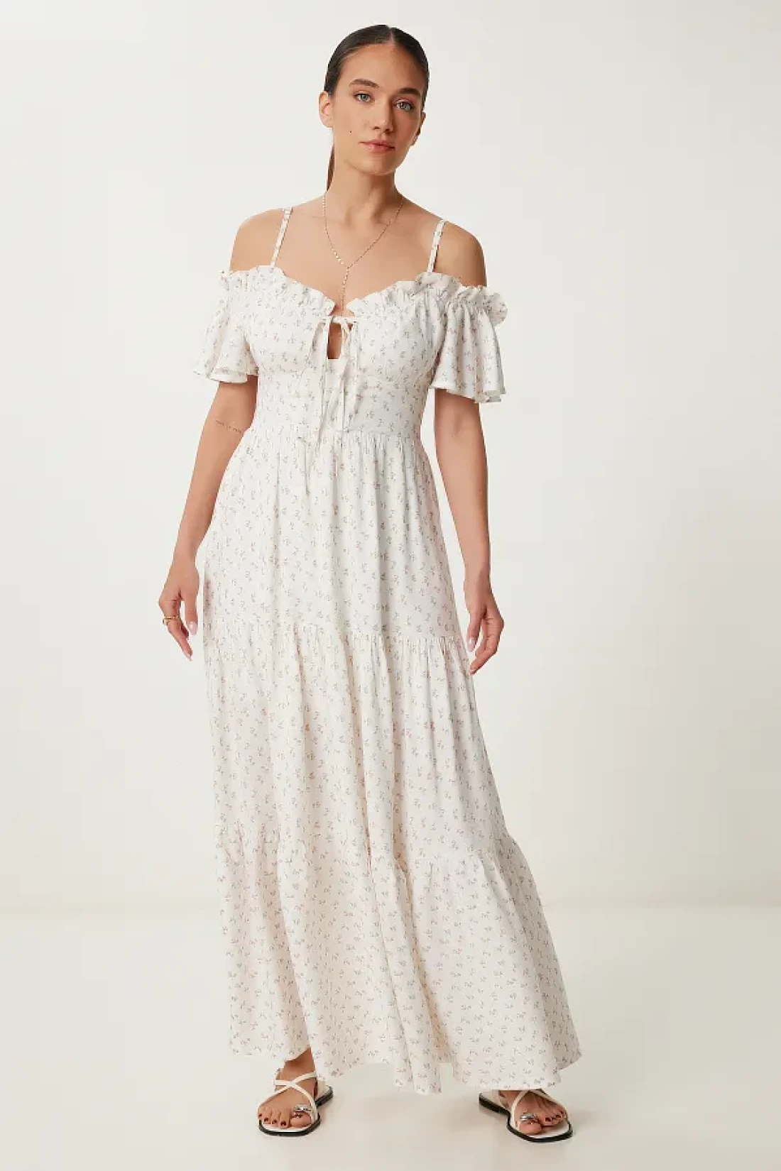 Lovelyİstanbul Patterned Strappy Ruffled Long Summer Viscose Dress Ecru Murdum Lub0112