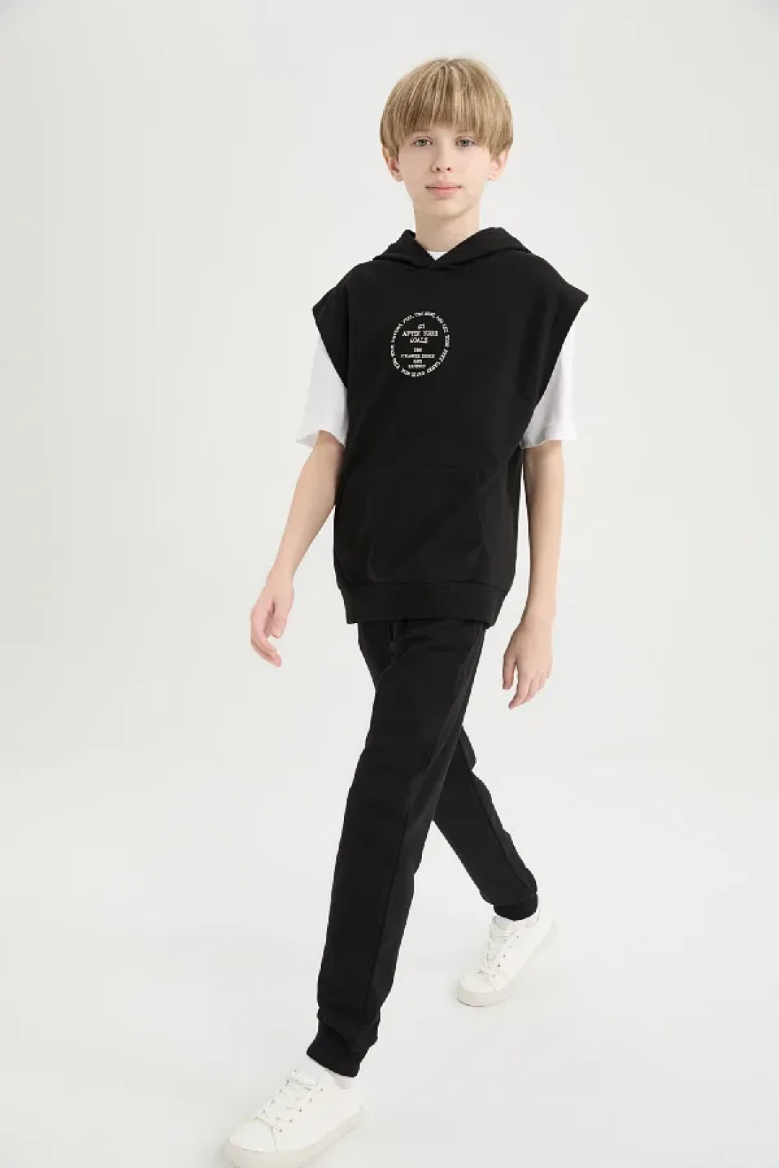 Defacto Boys' 3-Piece Set - Hooded, Sleeveless and Printed Sweatshirt, Short Sleeve T-Shirt, Elastic Waist Leg Sweat