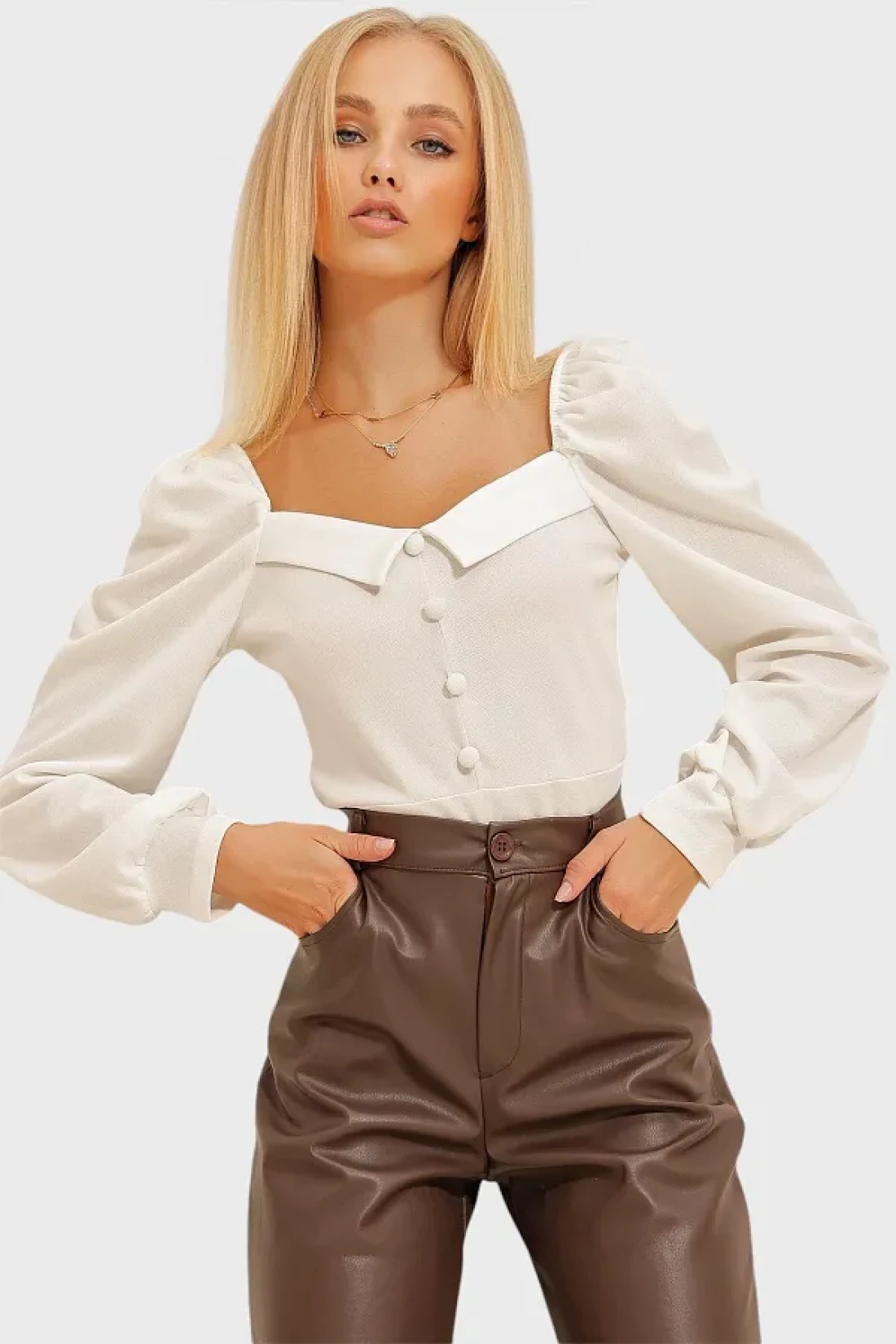 Trend Alaçatı Stili Women's White Princess Sleeve Front Button Detailed Crepe Blouse ALC-X10867