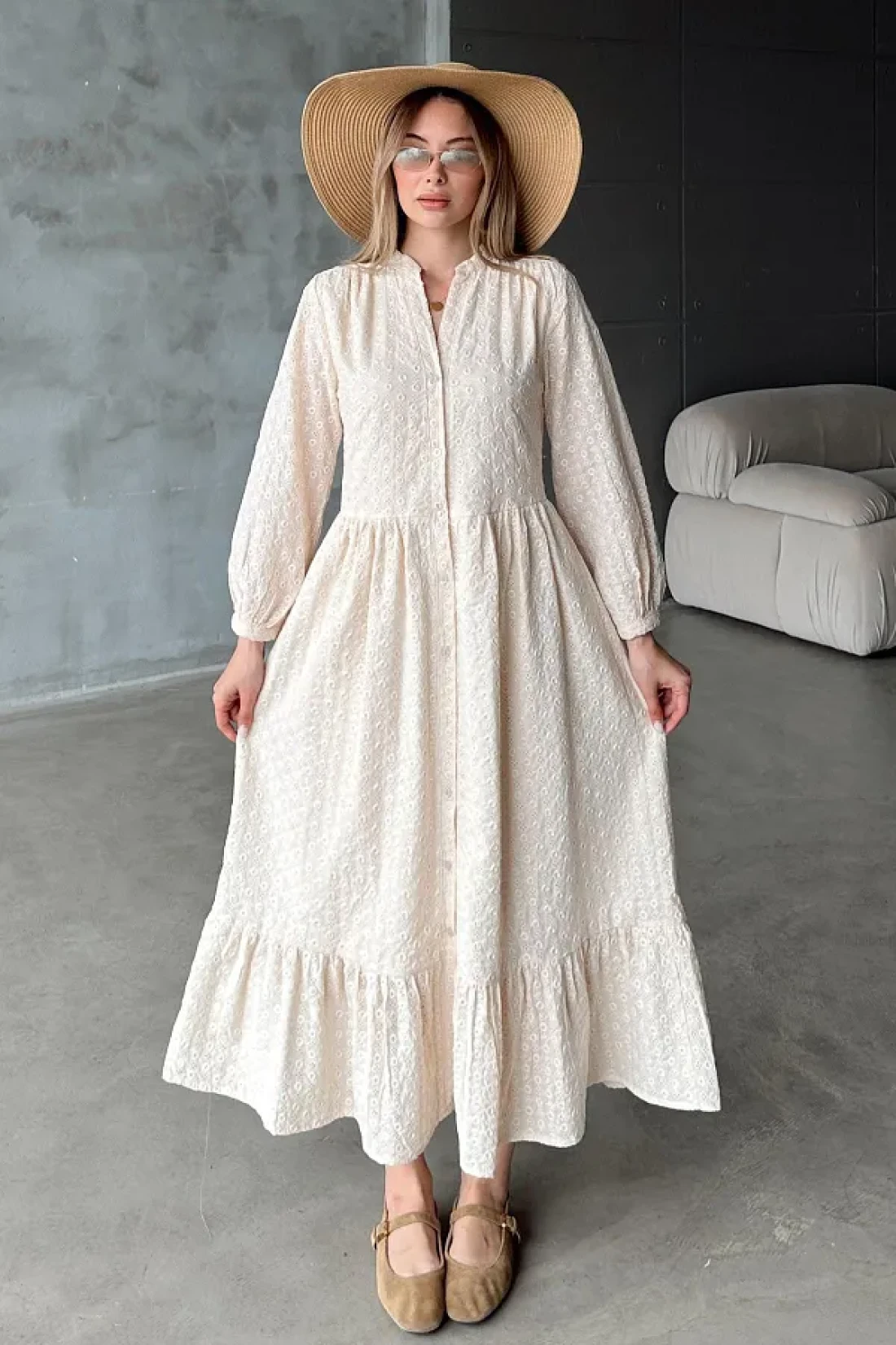Olcay Button Midi Length Guipure Dress Beige 9351-E