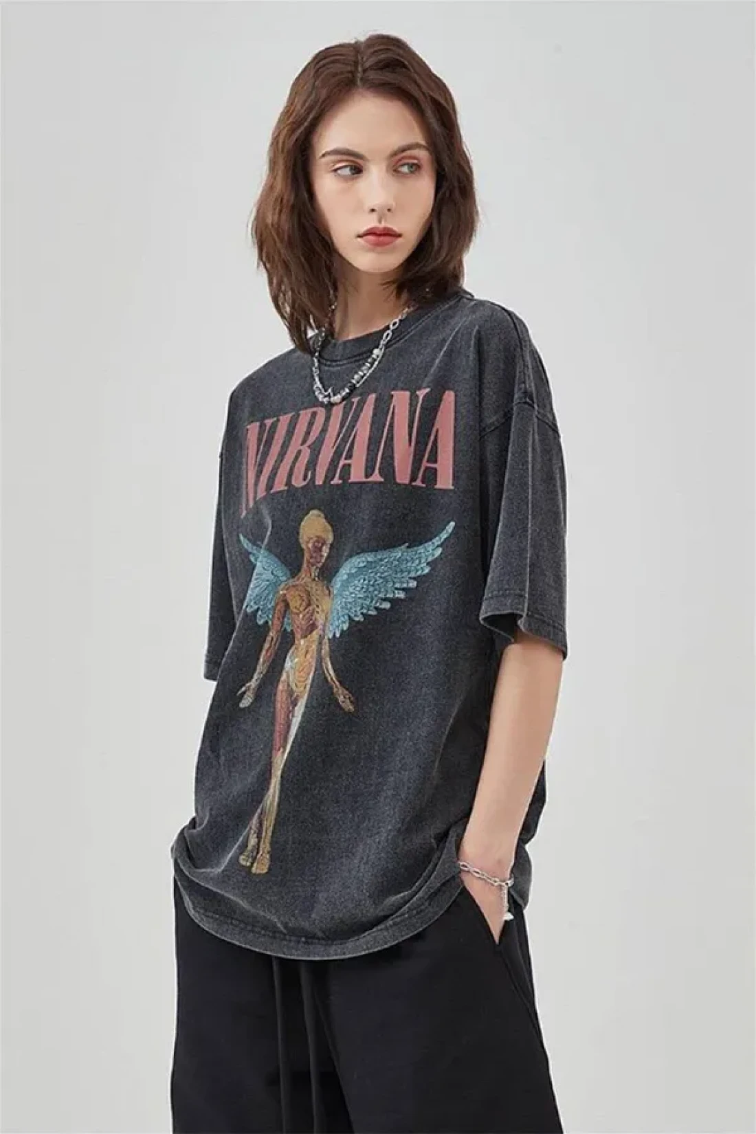 Trendiz Unisex Nirvana Angel Washed Tshirt Anthracite