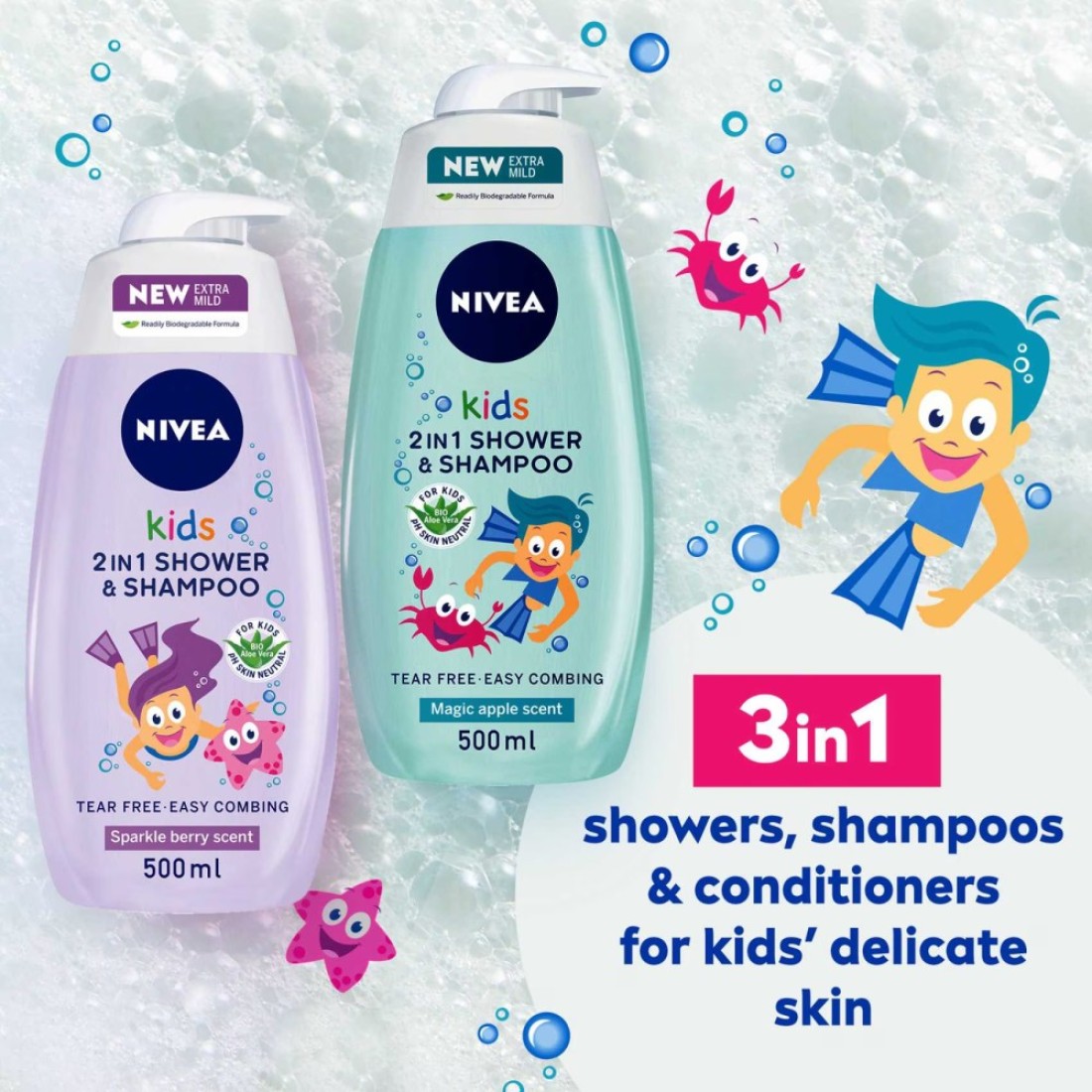 NIVEA Kids 2-In-1 Shower, Shampoo &amp; Conditioner Sparkle Berry Scent Purple 500ml