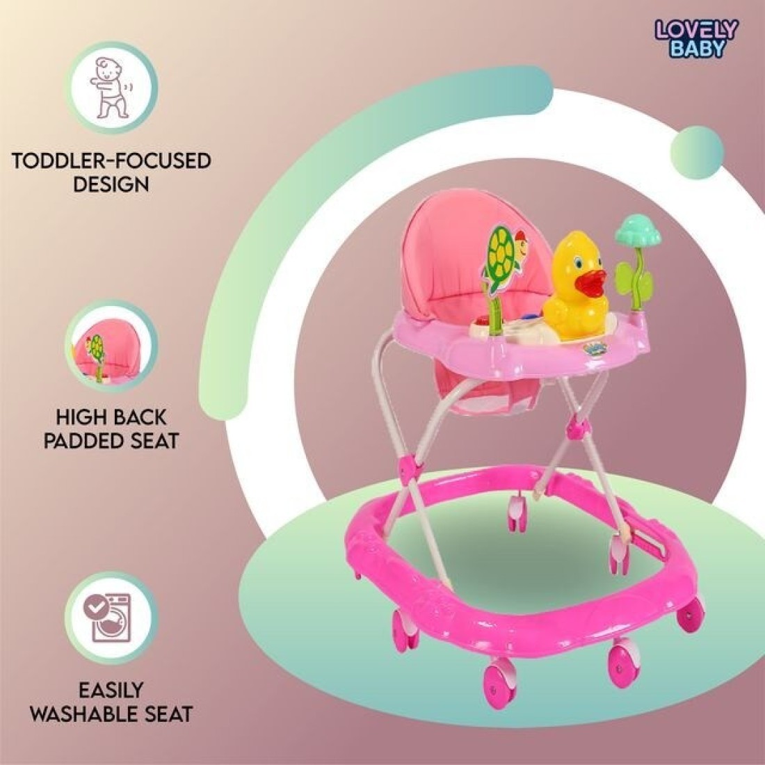 Lovely Baby Foldable Kids Walker LB 852 with Adjustable Height, Music & Toys, Rotating Wheels, Foldable Safe Support Activity Walker for Toddlers, Small Infant Boy Girl 6-15 M - Pink