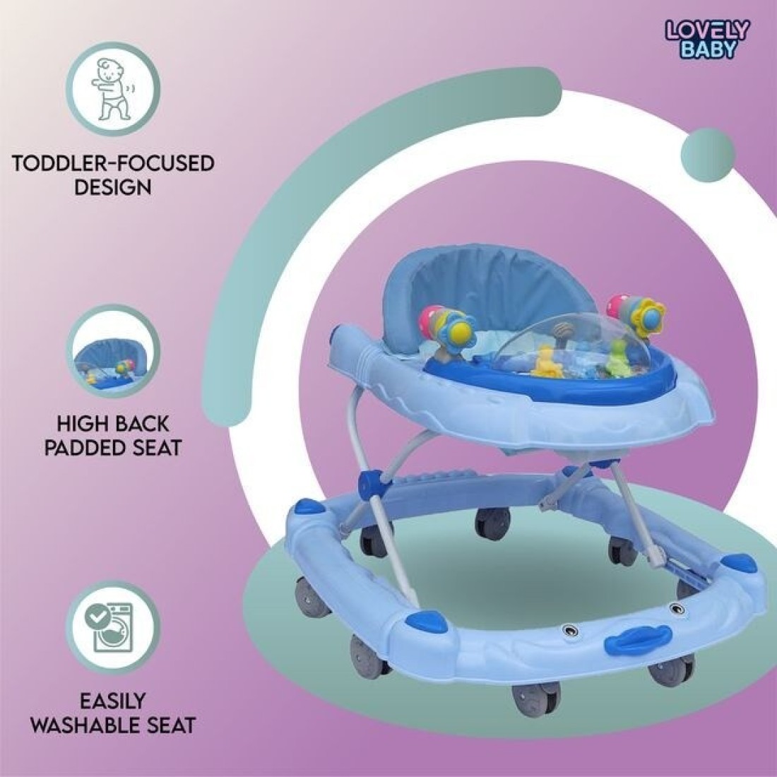 Lovely Baby Foldable Kids Walker BW05 with Adjustable Height, Musical Toys, Rotating Wheels, Comfortable & Safe Activity Walker for Toddlers, Small Infant Boy Girl 6-18 months - Blue