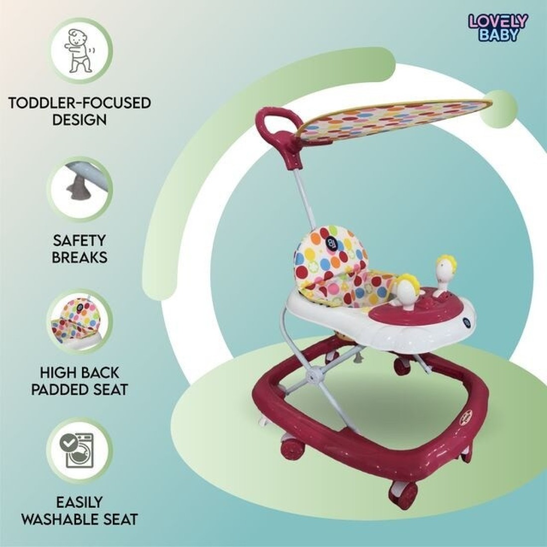 Lovely Baby Foldable Kids Walker LB 581HC with Adjustable Height, Music & Toys, Rotating Wheels, Handle, Foldable Safe Activity Walker for Toddlers, Small Infant Boy Girl 6-18 M - Pink