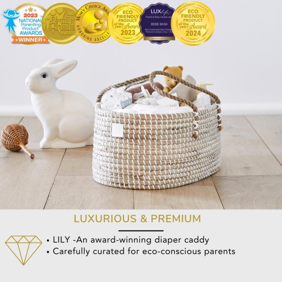 BEBE BASK Baby Diaper Caddy Organizer Handmade Organic Seagrass Luxury Diaper Caddy Basket Cute Diaper Caddy for Baby Girl Diaper Caddy for Baby Boy White Natural