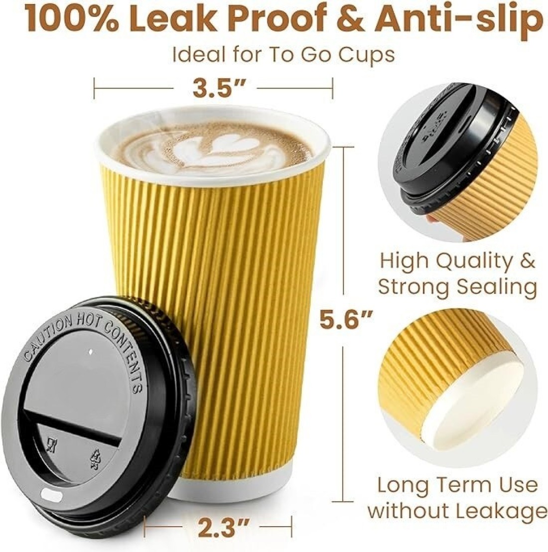 YESOCEA [50 Set] 12 oz. Kraft Disposable Coffee Cups With Lids - Triple Wall Ripple Brown Hot Paper Cups for Tea, Drinks To-Go