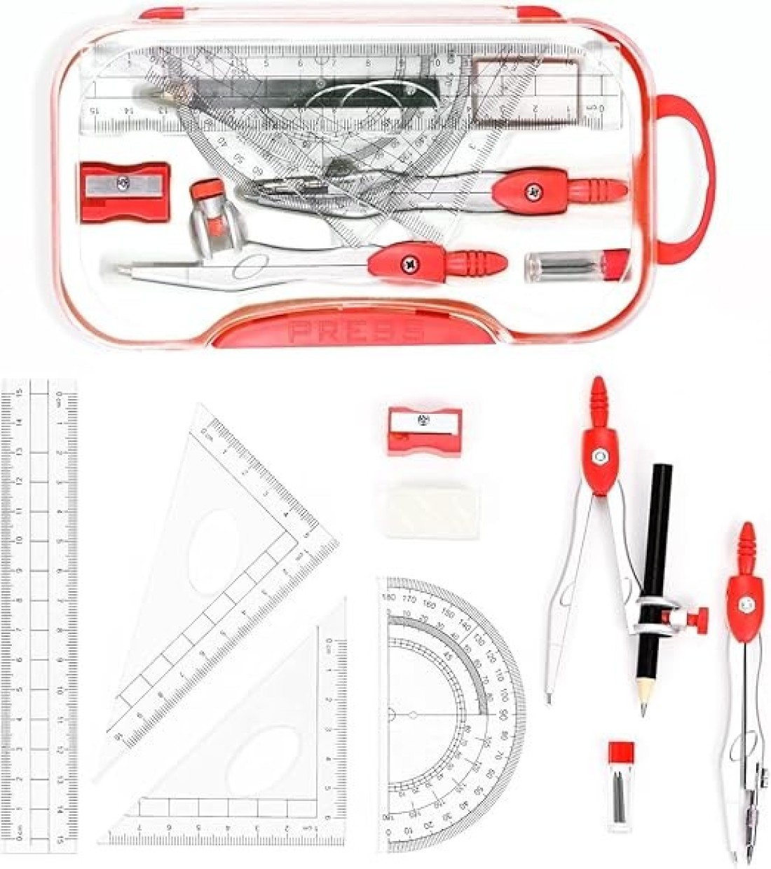 FITTO Mathematical Drawing Instruments Box &ndash; Complete Geometry Set with Compass, Protractor, Ruler, Set Squares, Eraser &ndash; Precision Tools for School, Office, and Engineering Use