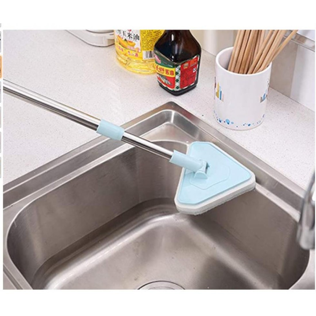 Aiwanto Long Handle Cleaning Brush Tub Bathroom Tile Scrub Brush Multifunctional Scrubber Triangle Sponge Extendable Brush with Good Grib (Blue)