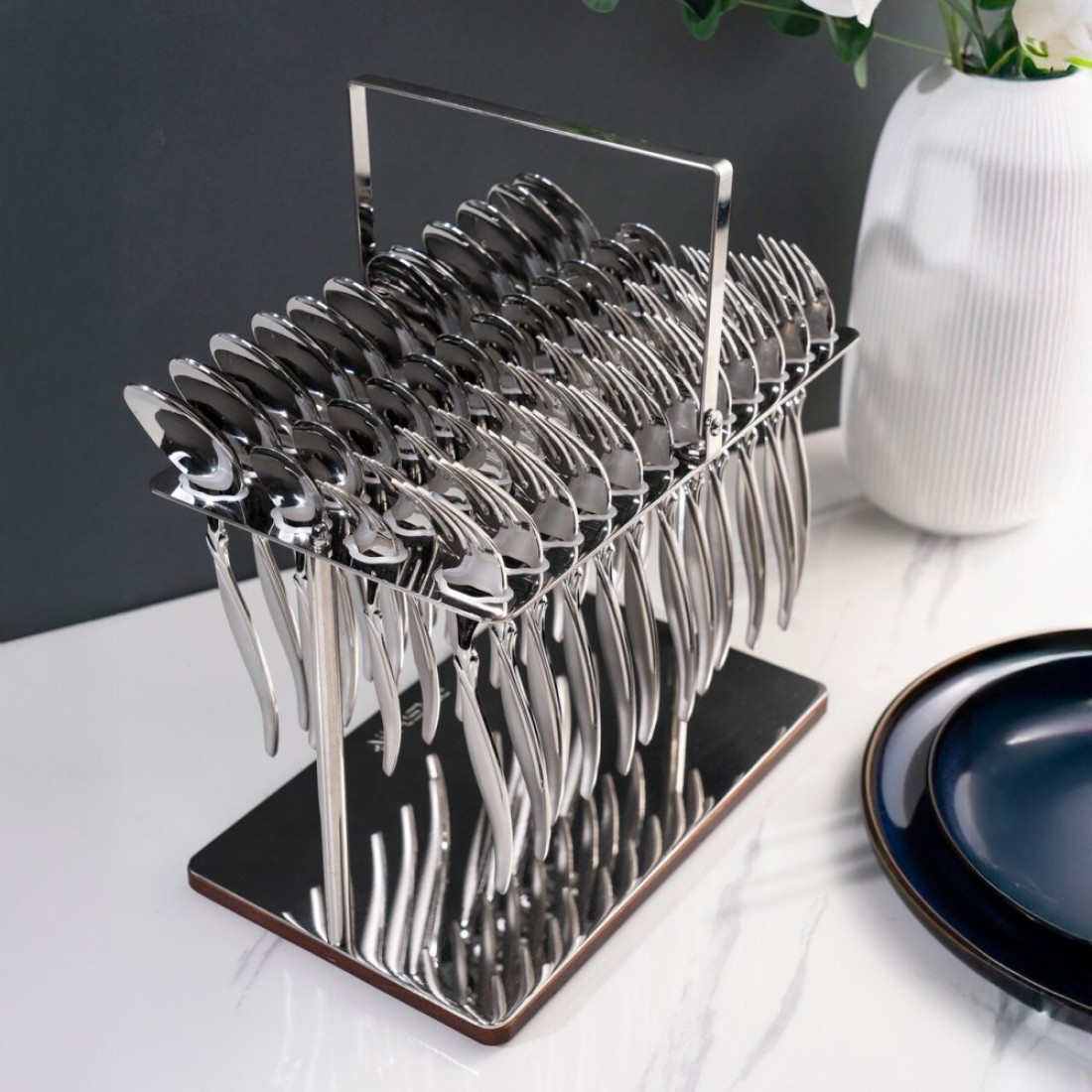 Arshia 48-piece Shiny Silver Cutlery Set with Stand