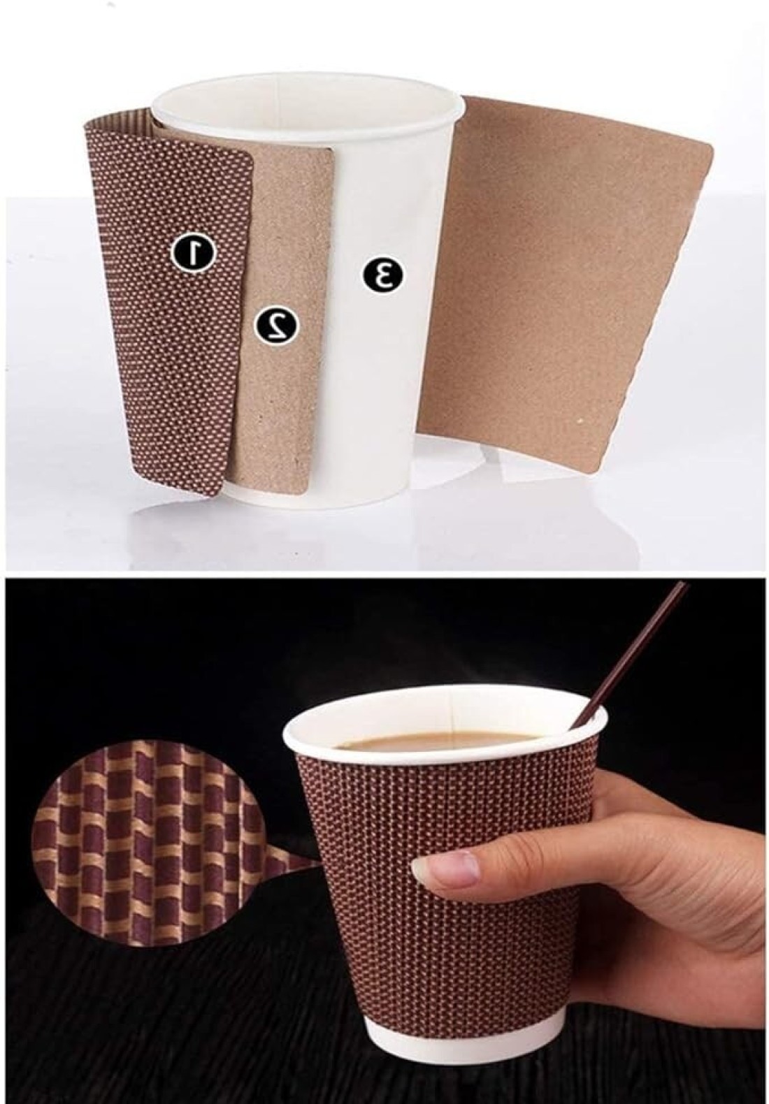 YESOCEA- Drinking Glass—50 Disposable Coffee Cup Insulation Spiral Embossed Paper Cups With Lids (8 oz, Brown Cups With Lids)
