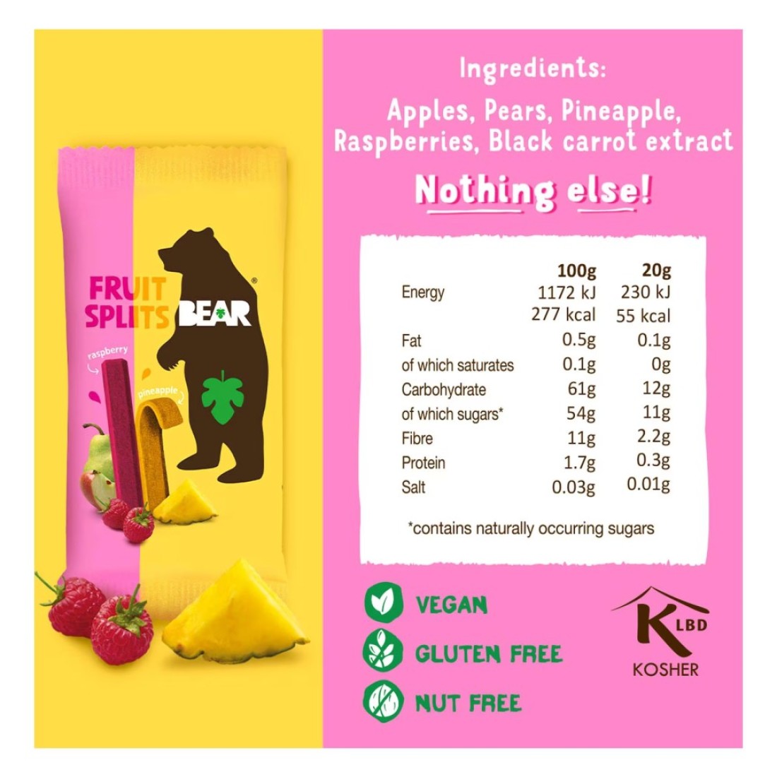 Bear Raspberry and Pineapple Flavour Fruit Splits Snack, 20g Pack of 5