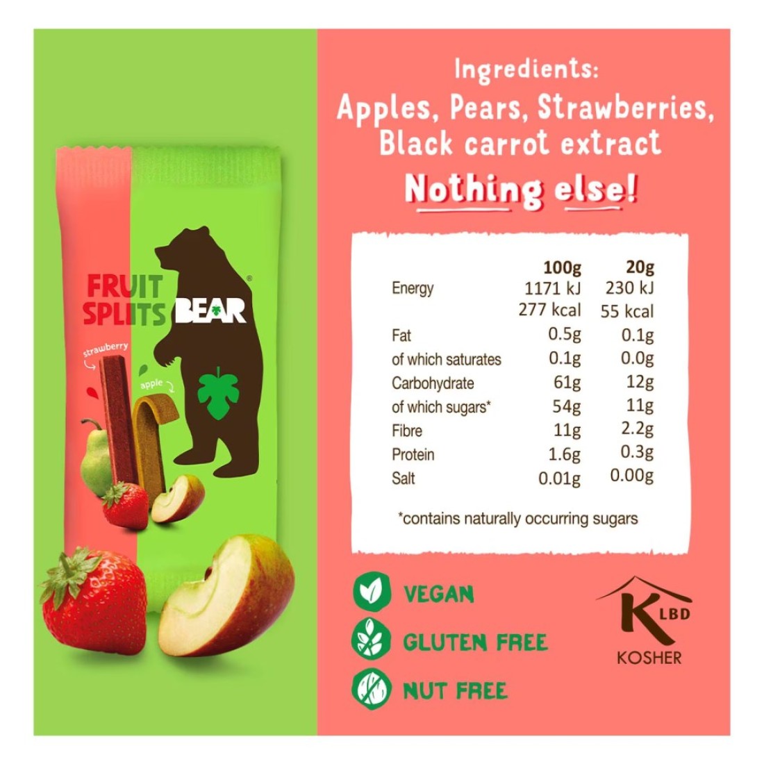 Bear Strawberry and Apple Flavour Fruit Splits Snack, 20g Pack of 5