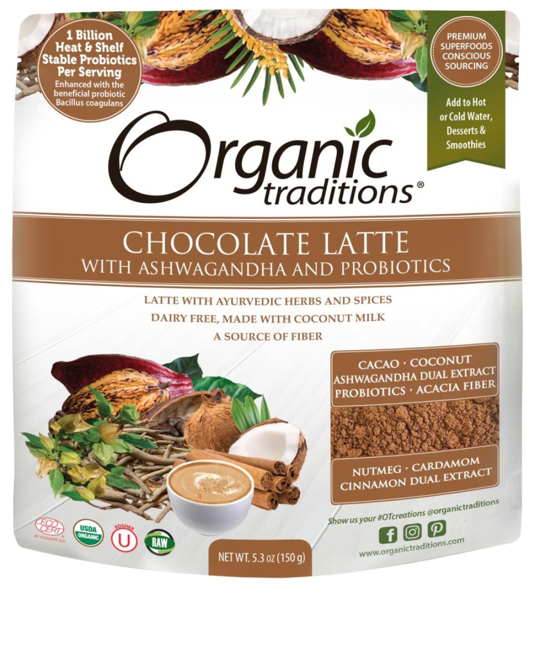Organic Traditions Chocolate Latte With Ashwagandha And Probiotics 150g