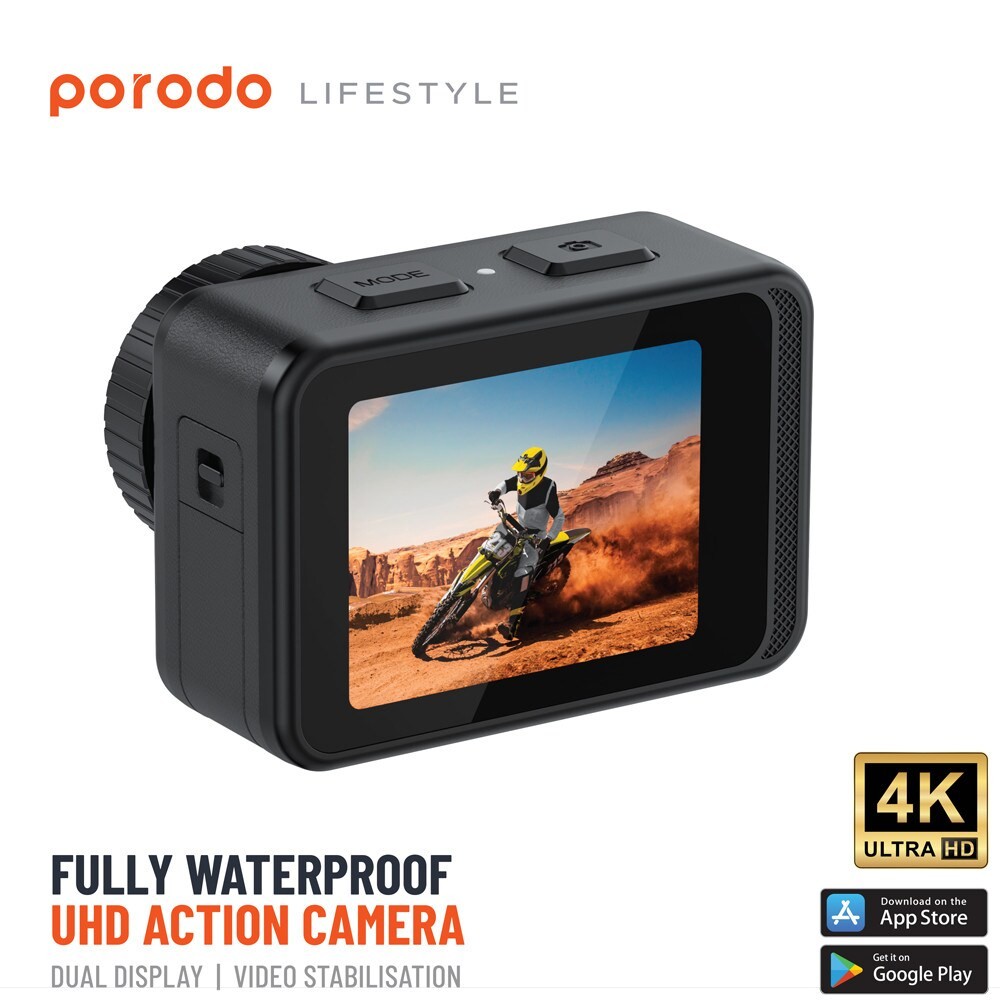 Porodo 4K Ultra HD Action Camera with WiFi Support and Touch Screen Dual Screen Display Full Body Waterproof Electronic Image Stabilization Wide View Angle 150° 4K@ 60fps Video Capture 24MP