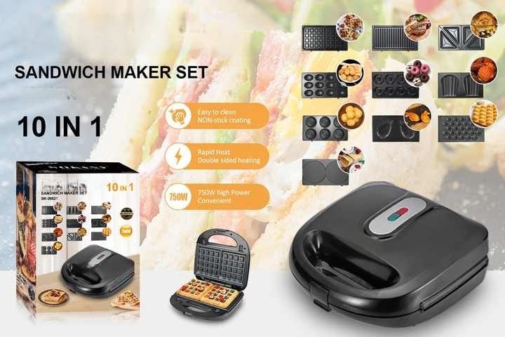 10 in 1 Sandwich Maker 750W Multi Function Machine with Changeable Plates for Waffle, Grill, Donut, Sandwich, 5 Cookie Designs, Nut Shapes, &amp; Cone Maker Non Stick Coating