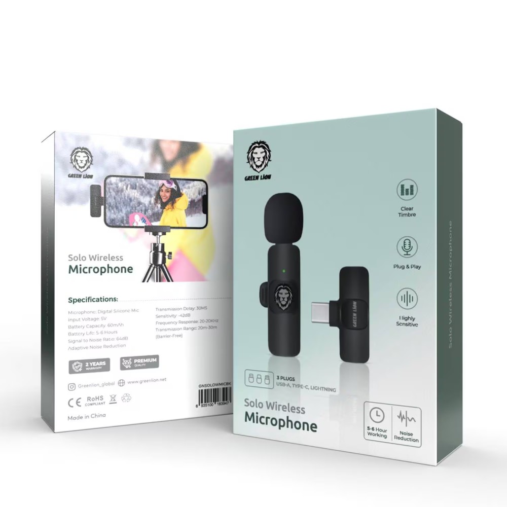 Green Lion Solo Wireless Microphone, 60mAh Battery, 20m Reception Range, Adaptive Noise Reduction, 360&deg; Surround Sound, USB-A/Type-C/Lightning Compatibility, 5-6 Hours Battery Life
