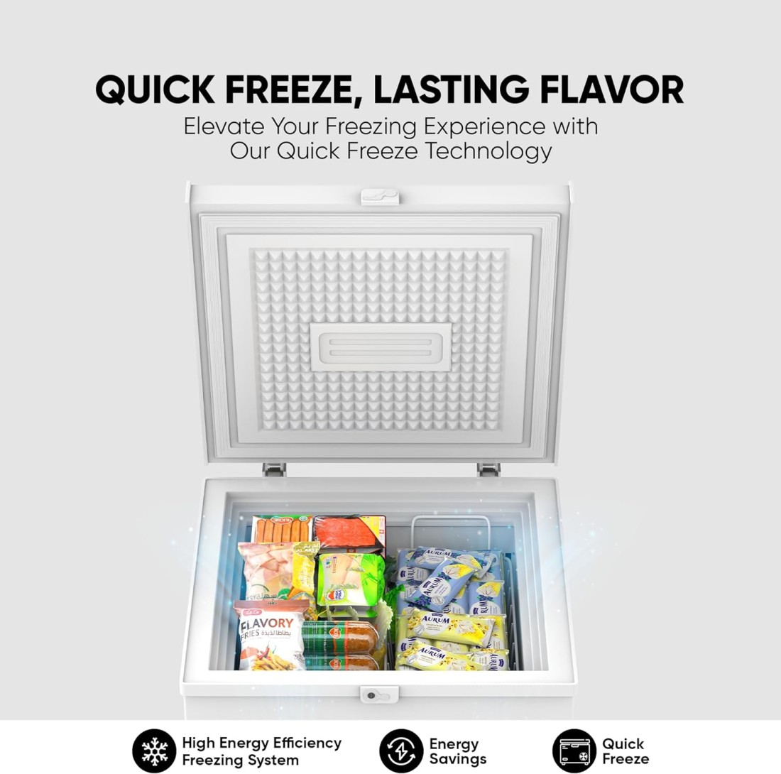 Nikai 150L Gross/100L Net, Single Door Chest Freezer With Storage Basket, High Energy Efficiency Cooling System, Adjustable Temperature, Silent Operation, NCF150N7, White