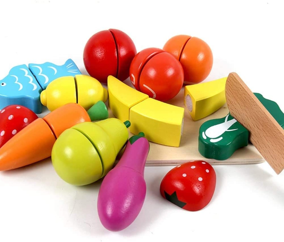 Doreen Wooden Kitchen Toys Cutting Fruits Vegetables Colorful Pretend Play Baby Puzzle Toys Children Early Educational Magic Stickers