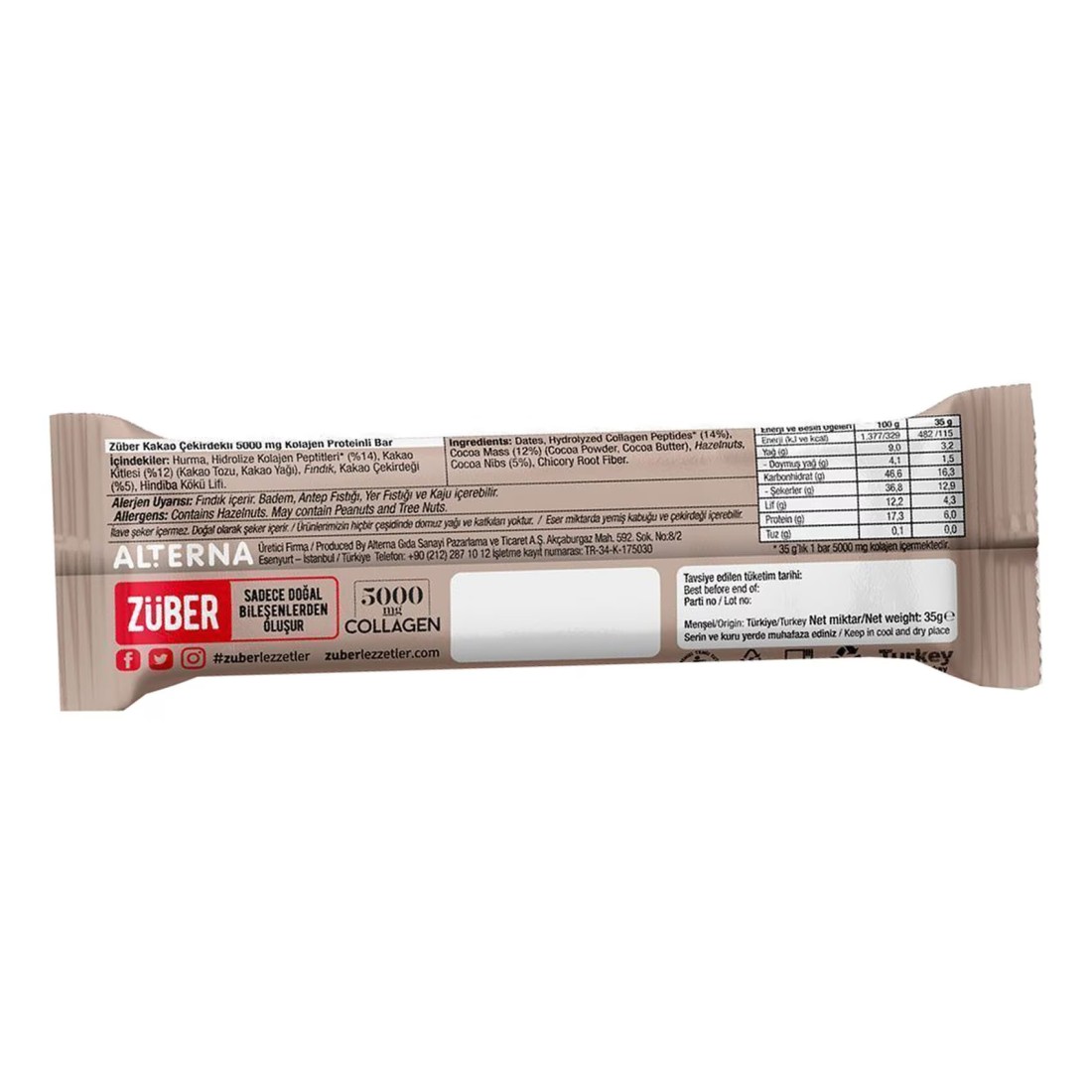 Zuber No Added Sugar Collagen Protein Bar Cocoa Nibs 35g