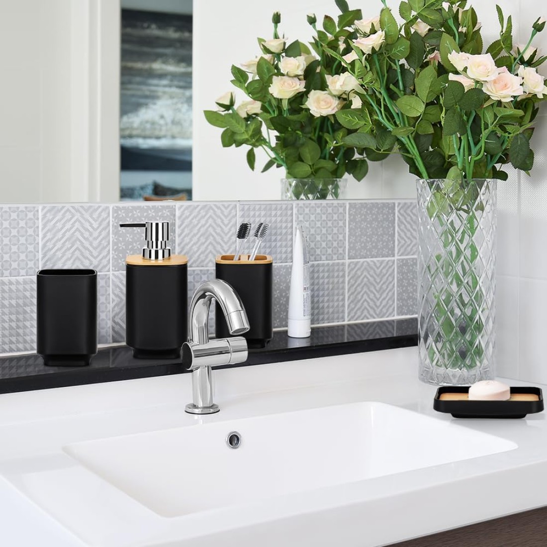 Bamboo Bathroom Accessories Set of 6 Modern Design 6 Pieces Bathroom Accessory Set Soap Dispenser Toothbrush Holder Tooth Mug Soap Dish Toilet Brush Rubbish for Bathroom Home Decor (Black)