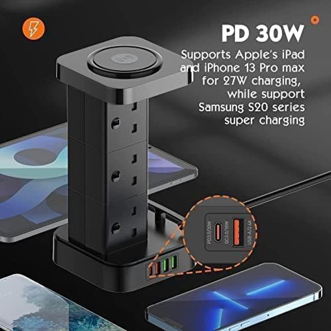Tower Power Extension Cord 3 In 1 with 15W Wireless Charger - 6 AC Outlets - 4 USB Outlets - 2m Long Extension Cord Power Strip with Cable Organizer Box