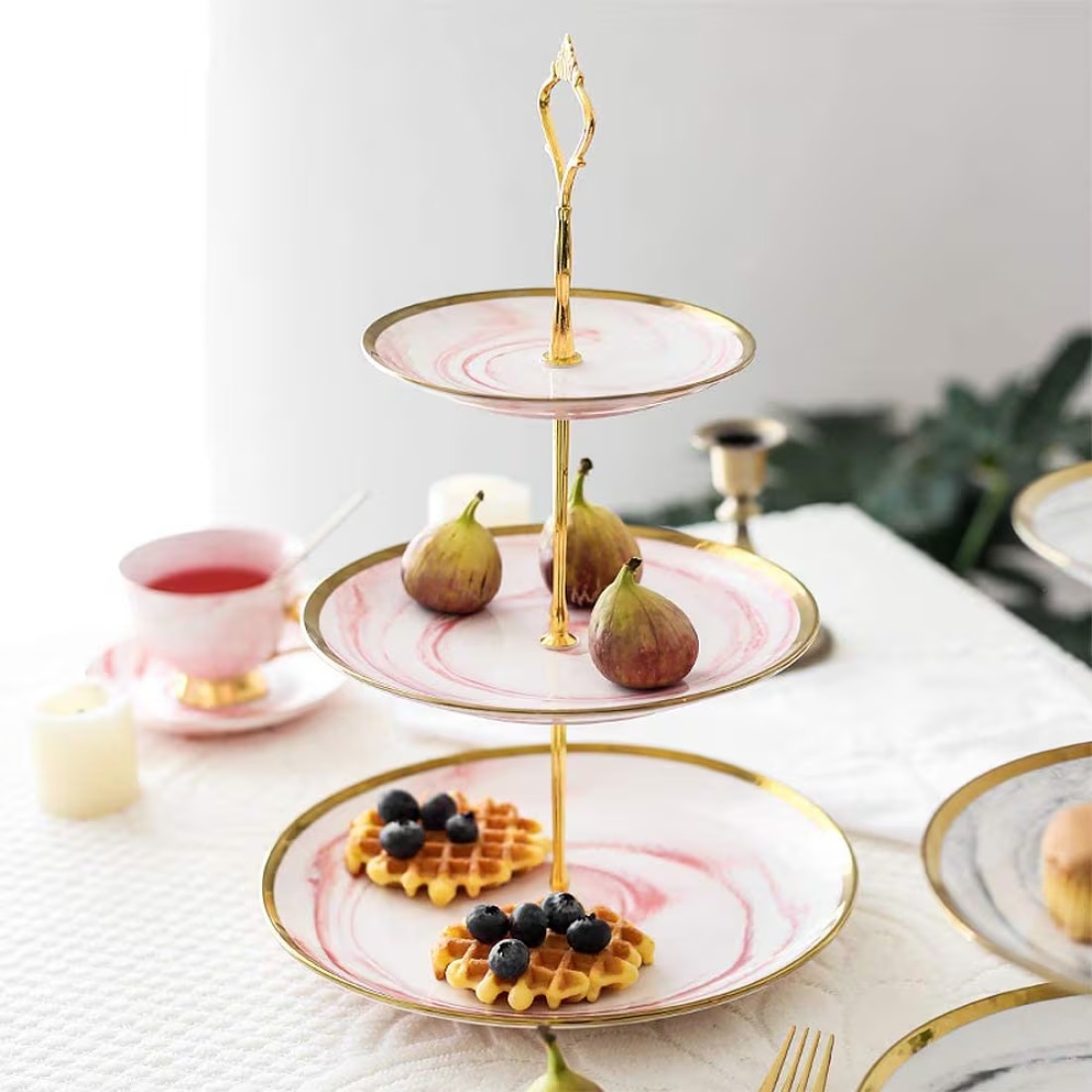 Aiwanto 3-Tier Cupcake Stand Tower Dessert Display Plate Pink Serving Tray Dish Treat Stacked Pastry Fruit Serving Platter Carrier for Gift Tea Party Restaurant