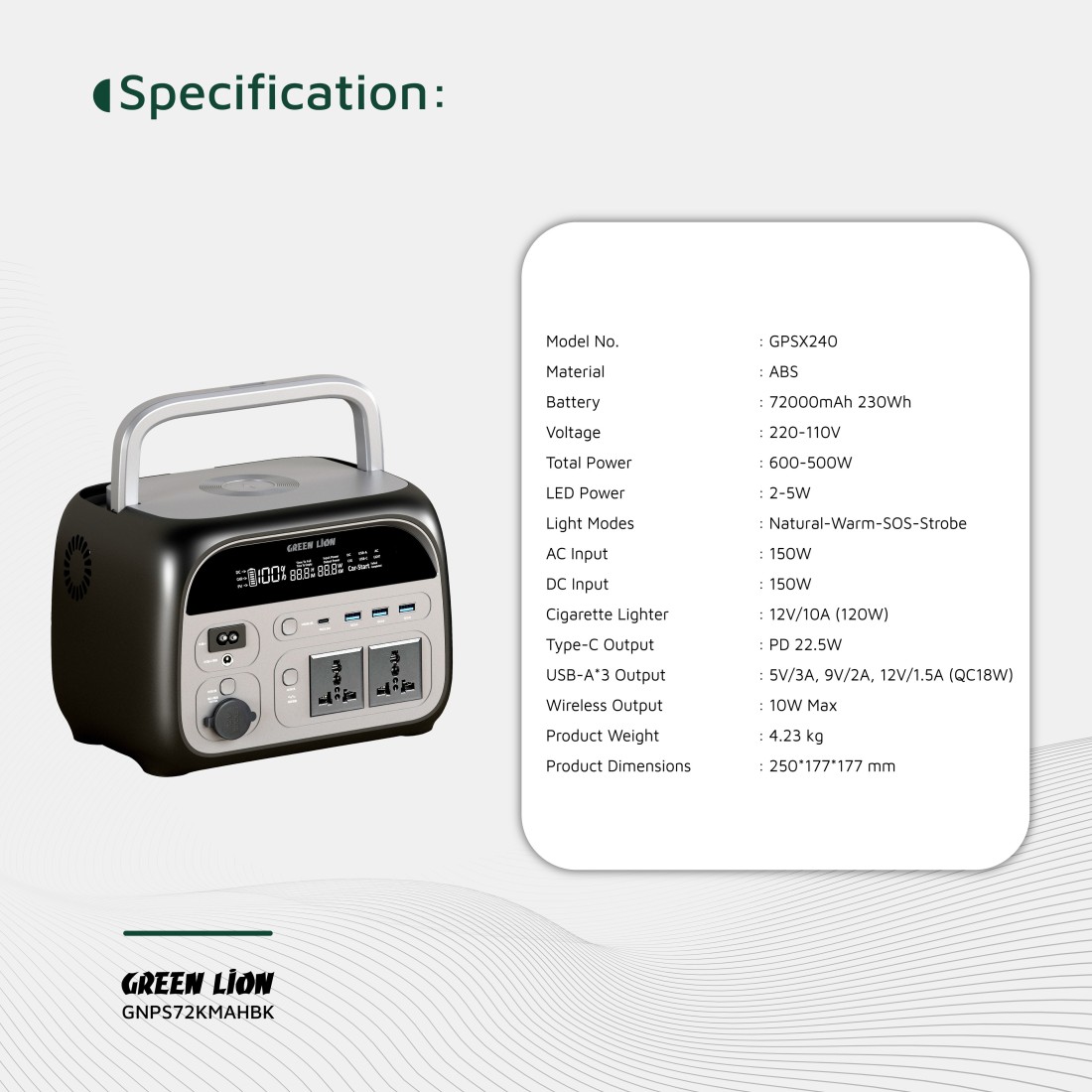 Green Lion Portable 72000mAh Power Station, 230Wh Battery, 500-600W Power, AC, USB-A, Type-C Outputs, Wireless Charging, LED Light, Black
