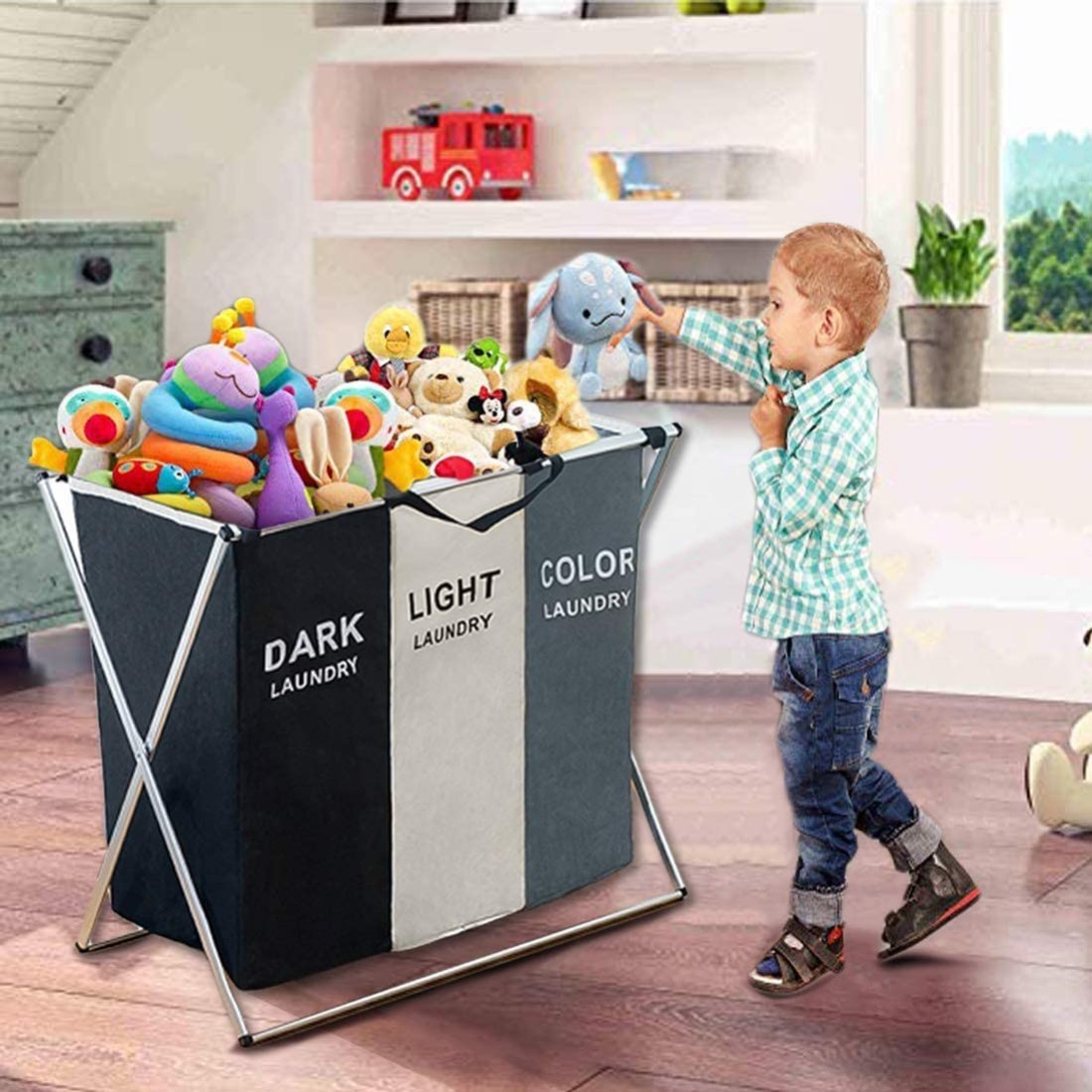 Doreen Laundry Clothes Hamper Sorter Basket Bin Foldable with Aluminum Frame, Clothes toys Waterproof Organizer Bag, Washing Storage Dirty Clothes Bag for Bathroom Washroom Bedroom (3sections)（GC1755A