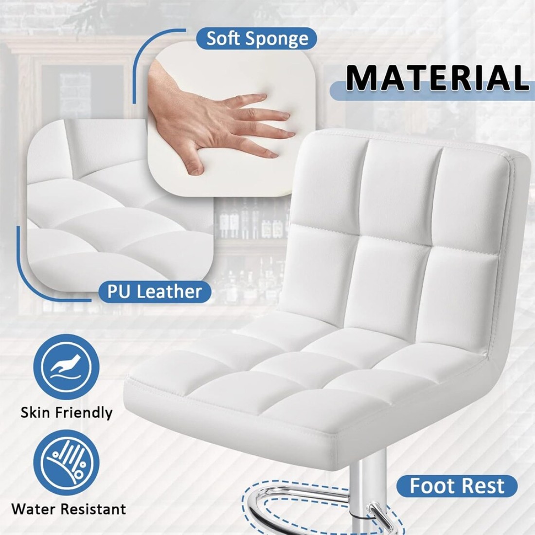 Jeffcoco Furniture PU Leather Bar Stool High Chair Adjustable Bar Chair with Metal Base for Kitchen,Bar Counter (White)