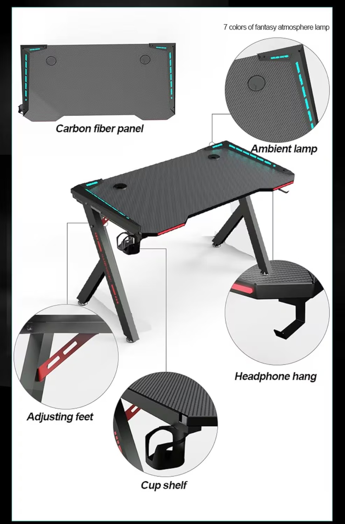 MAF K-151-120cm Gaming Table &ndash; Carbon Fiber Surface, RGB LED Lights, and Sturdy Steel Frame &ndash; Perfect for Gaming