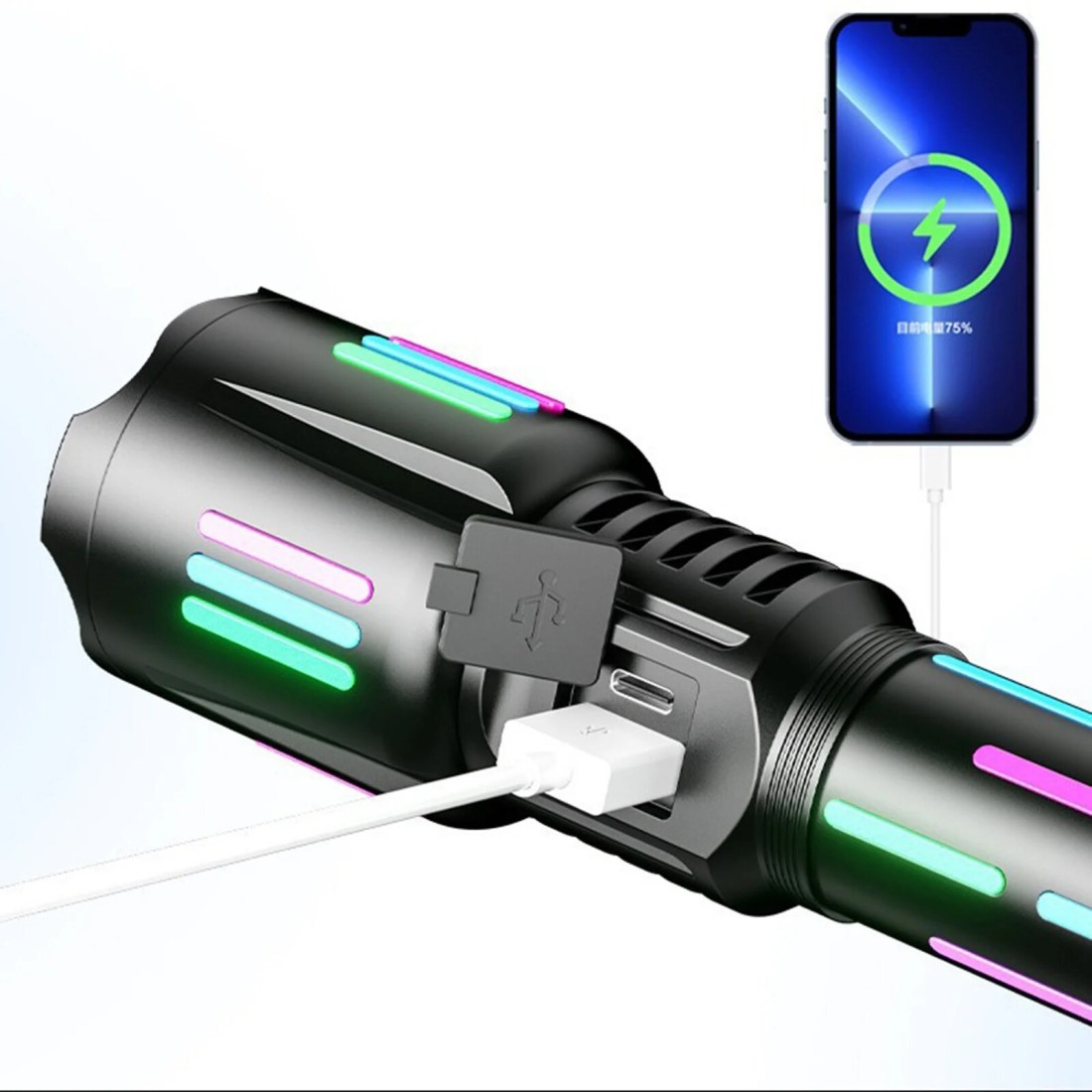 مصباح يدوي LED عالي الطاقة - فانوس تكتيكي قابل لإعادة الشحن عبر USB مع تكبير تلسكوبي، إضاءة طويلة المدى، مصباح خارجي مقاوم للماء للتخييم والمشي لمسافات طويلة،