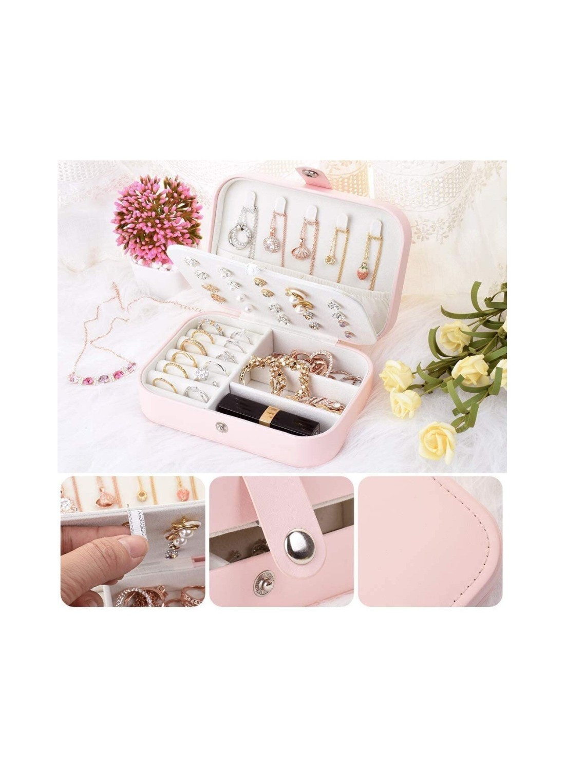 Jewelry Box Travel Jewelry Organizer Cases, Double Leather Jewel Cabinet Gift Case Jewelry Display Storage Case Jewelry Storage Box for Necklace Earrings Rings Bracelet pink