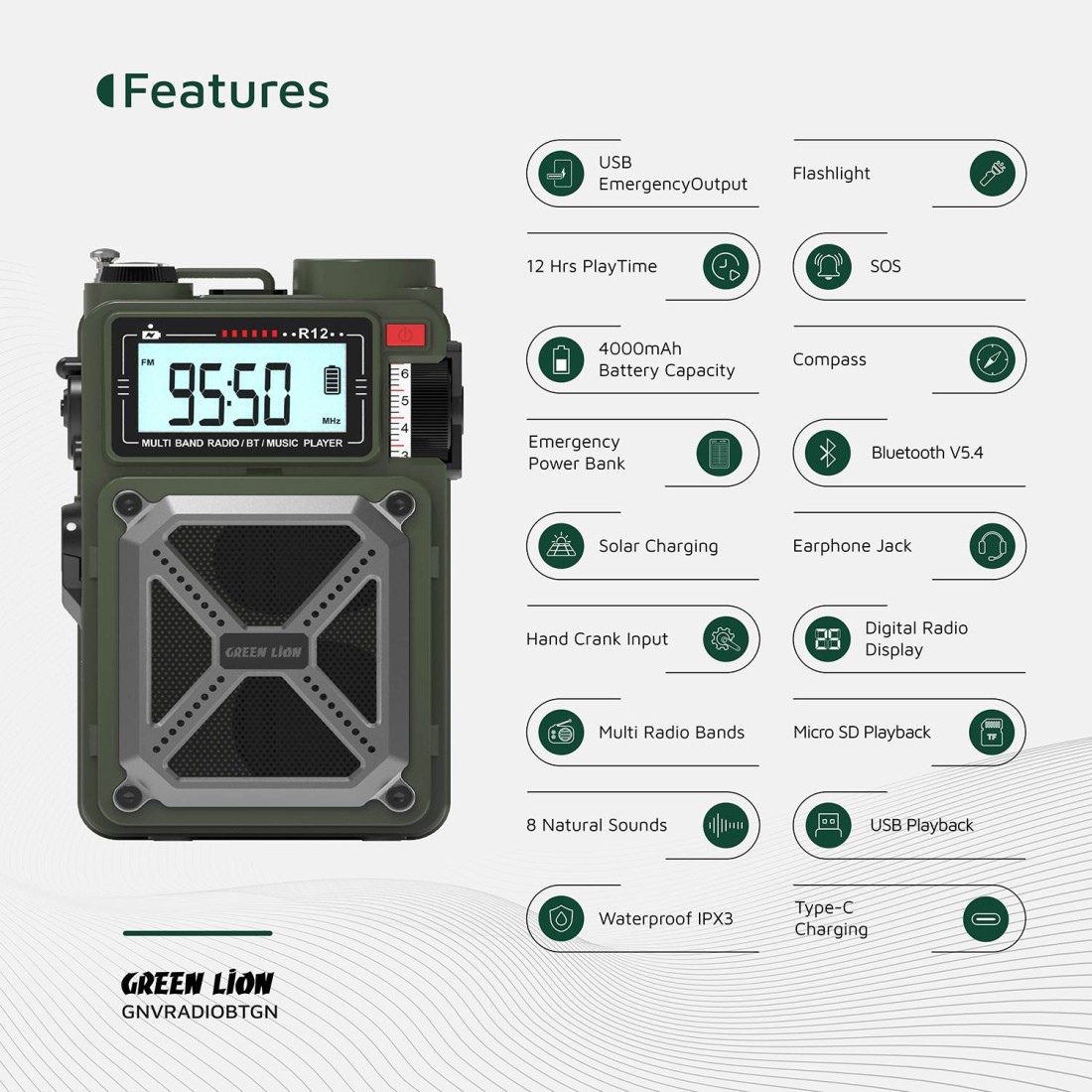 Green Lion Vintage Solar Pro Radio and Bluetooth Speaker with Power Bank, 4000mAh Battery, Solar Power Input 5V/0.7A, Hand Crank Charging, 10m Transmission Range, IPX3 Waterproof, 12H Playtime