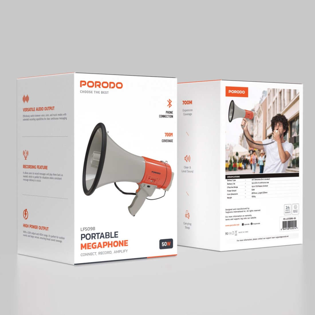 Porodo Portable Bluetooth Speaker &amp; Recorder Megaphone, 700m Effective Range, Up to 8 hours Battery Life, Powerful 50W Output, Multi-Mode Functionality, Recorder and Playback Messenger - Orange
