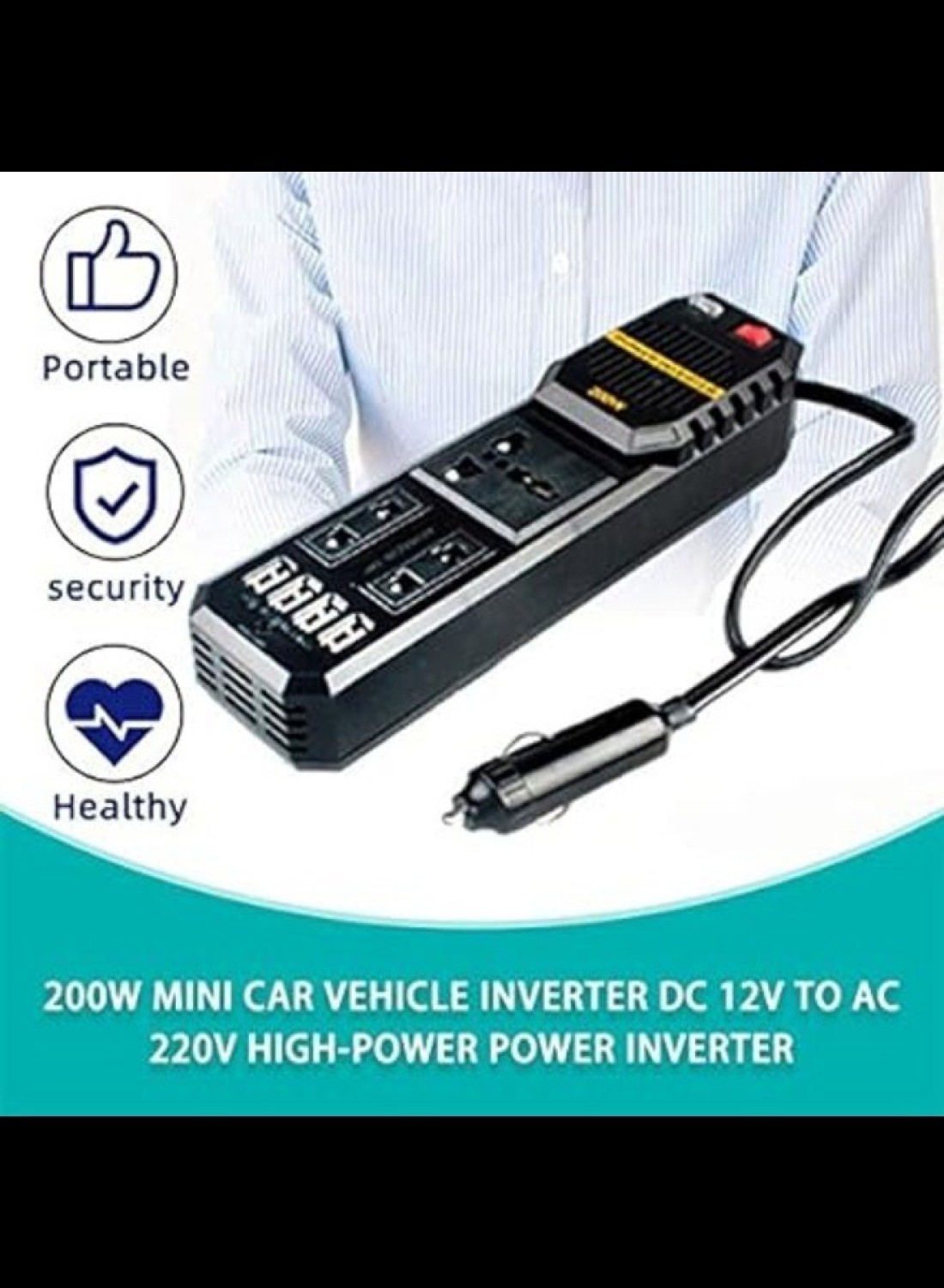 200W Mini Car Vehicle Inverter DC 12V to AC 220V USB Output High-power Power Inverter Small Car Special Edition – Black