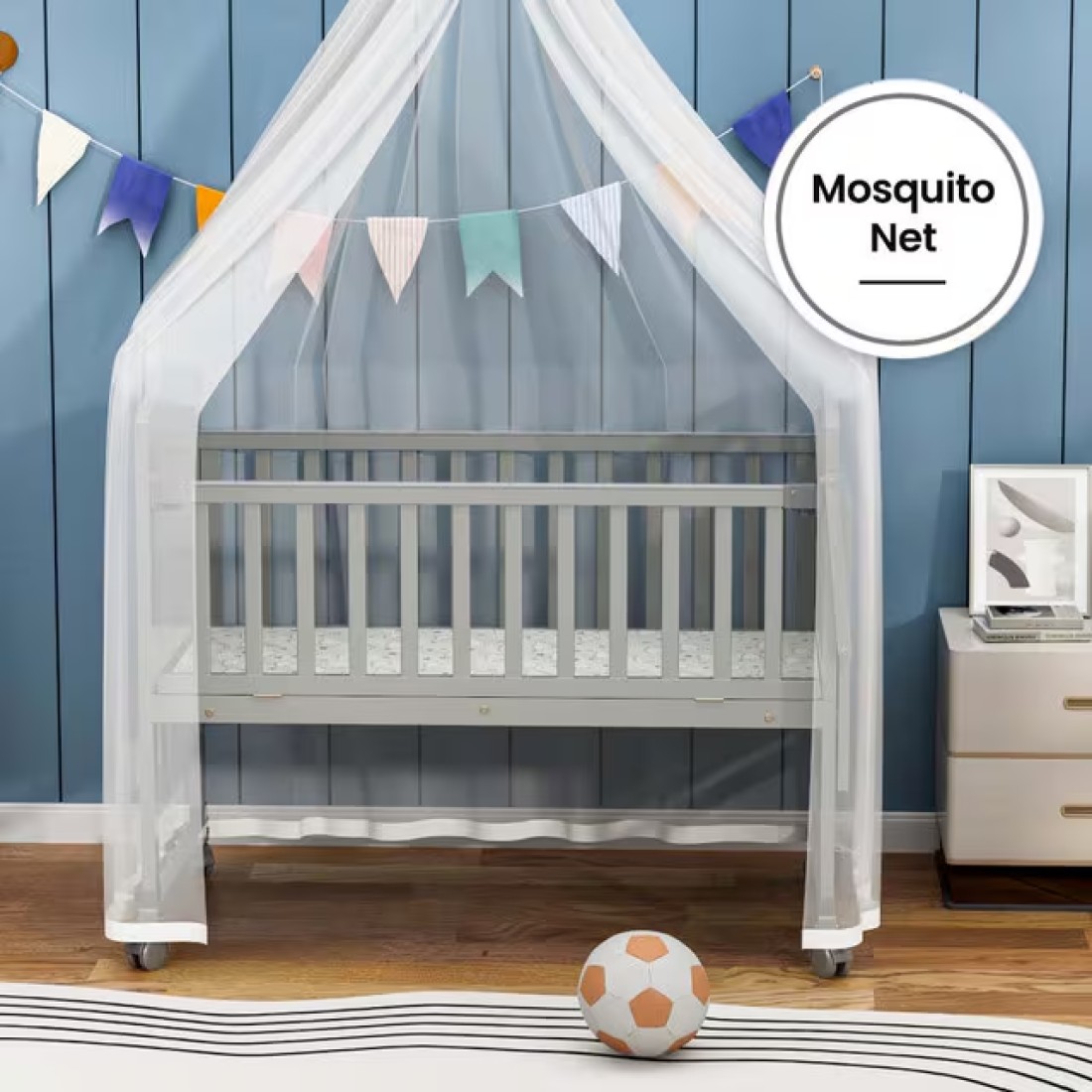 Teknum - 7 in 1 Convertible Kids Bed &amp; Bedside Crib w / Mattress, Mosquito net &amp; Detachable Wheels(0 - 12yrs) - Grey