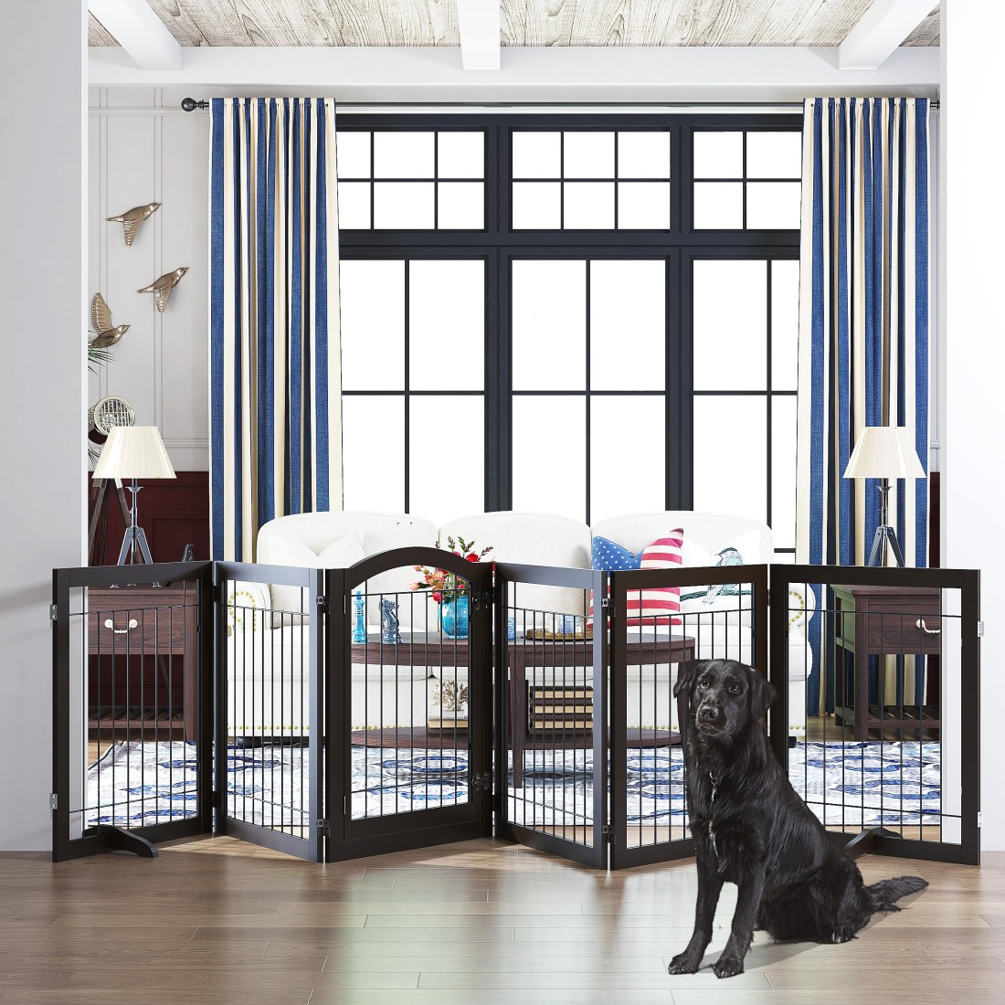 PAWLAND 144inch Extra Wide 30inches Tall Dog gate with Door Walk Through Freestanding Wire Pet Gate for The House Doorway Stairs Pet Puppy Safety Fence Support Feet Included Espresso6 Panels
