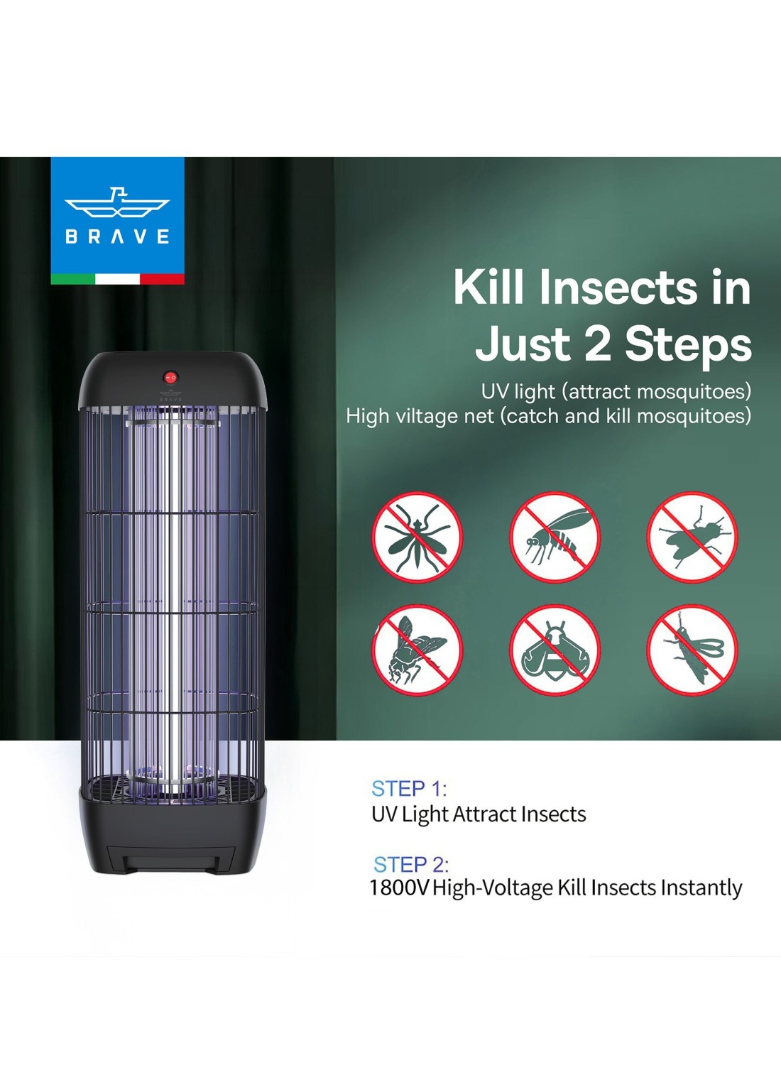 Brave 15W 1800V Electric Mosquito Killer Bug Zapper Indoor & Outdoor UV Lamp Insect Trap Safe & Chemical-Free Quiet & High-Efficiency Wide Coverage Easy to Clean