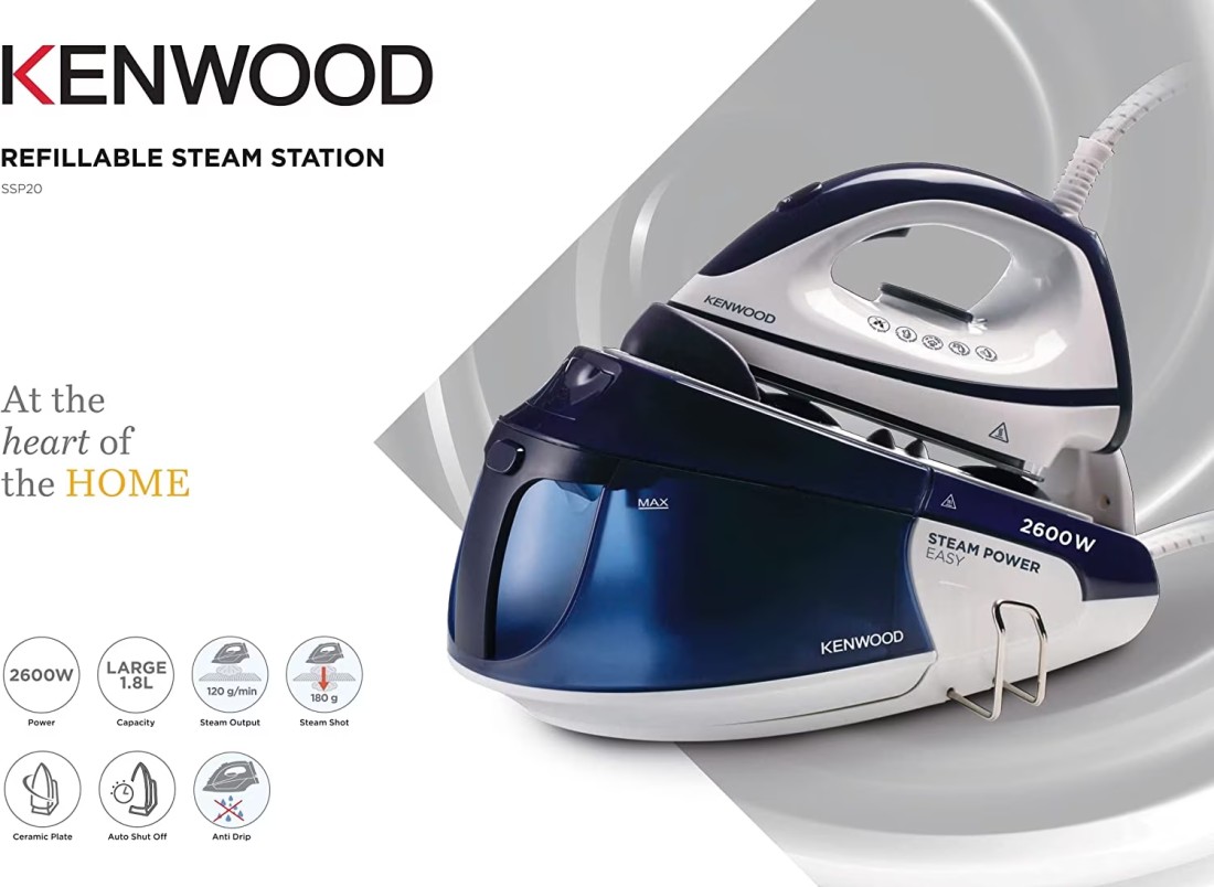 Kenwood Steam Iron Station, 2600W, SSP20.000WB, White/Blue (1.8L Water Tank Capacity, Ceramic Soleplate, 180g Steam Shot, Anti Drip, Auto Shut Off, Self Clean Function)