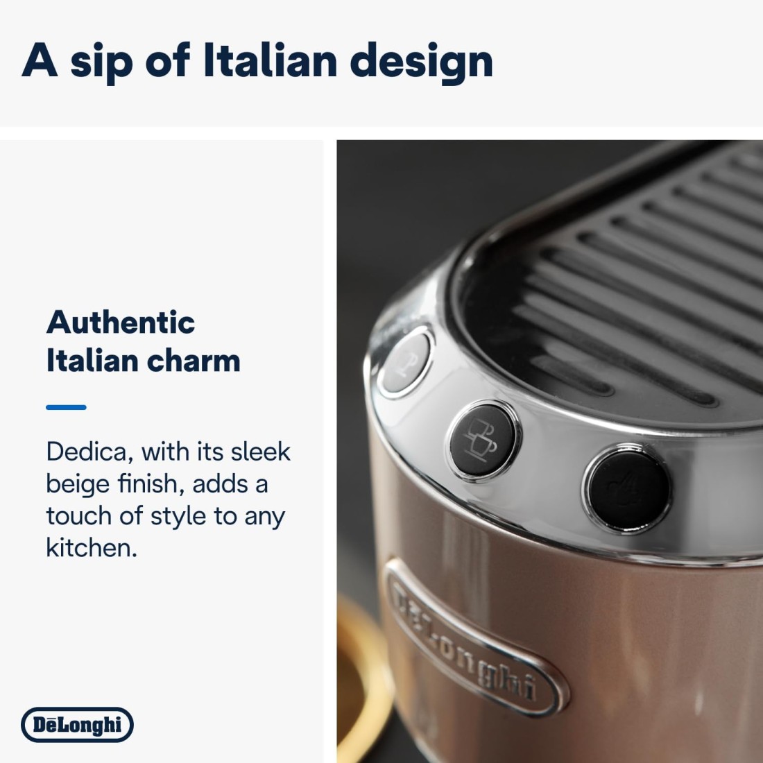 De&#39;Longhi Dedica Arte Espresso Machine - MyLatteArt Milk Foam Nozzle, 15 BAR Pressure, Steel Tamper Included, Beige Gold - Create Perfect Espresso, Cappuccinos, and Latte Art at Home - EC885.BG