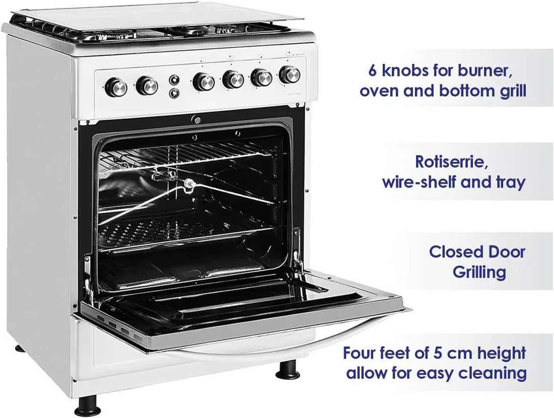 Super General Freestanding Gas Cooker 4-Burner Full-Safety, Stainless-Steel Cooker With Rotisserie, Silver, 60 x 60 x 85 cm, SGC-6470-MSFS, 1-Year Warranty (Installation Not Included)