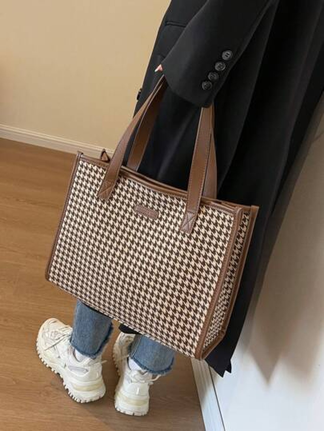 Houndstooth Pattern Large Tote Bag For Women Stylish Simple Design Versatile For Commuting And Going Out Shoulder BagSchool Bag Back To School Backpack Large Capacity Lightweight Portable Business Cas
